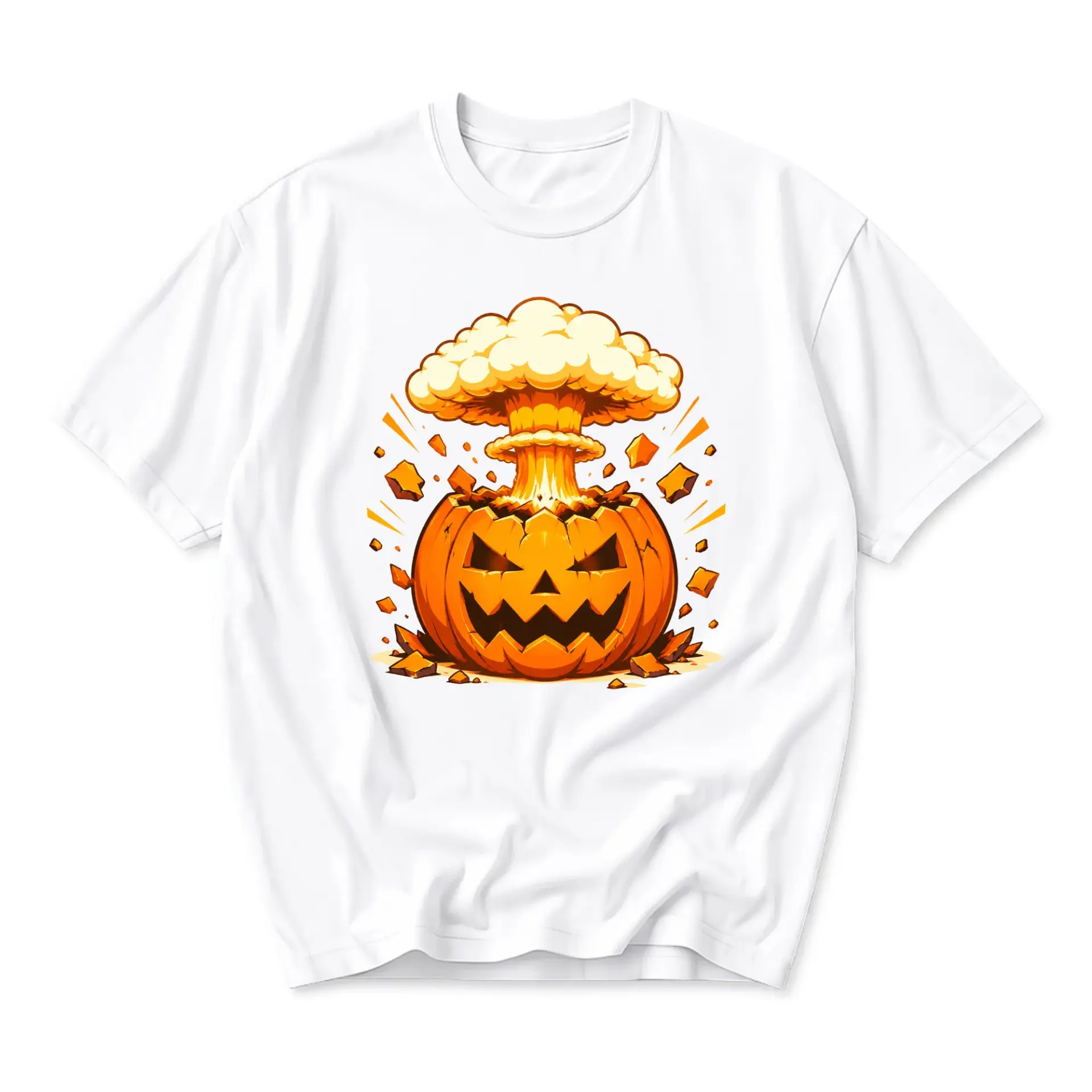 Graphic Tee Unisex Crew Neck T-Shirt Featuring Exploding Jack O Lantern Pumpkin Design for Casual Seasonal Apparel