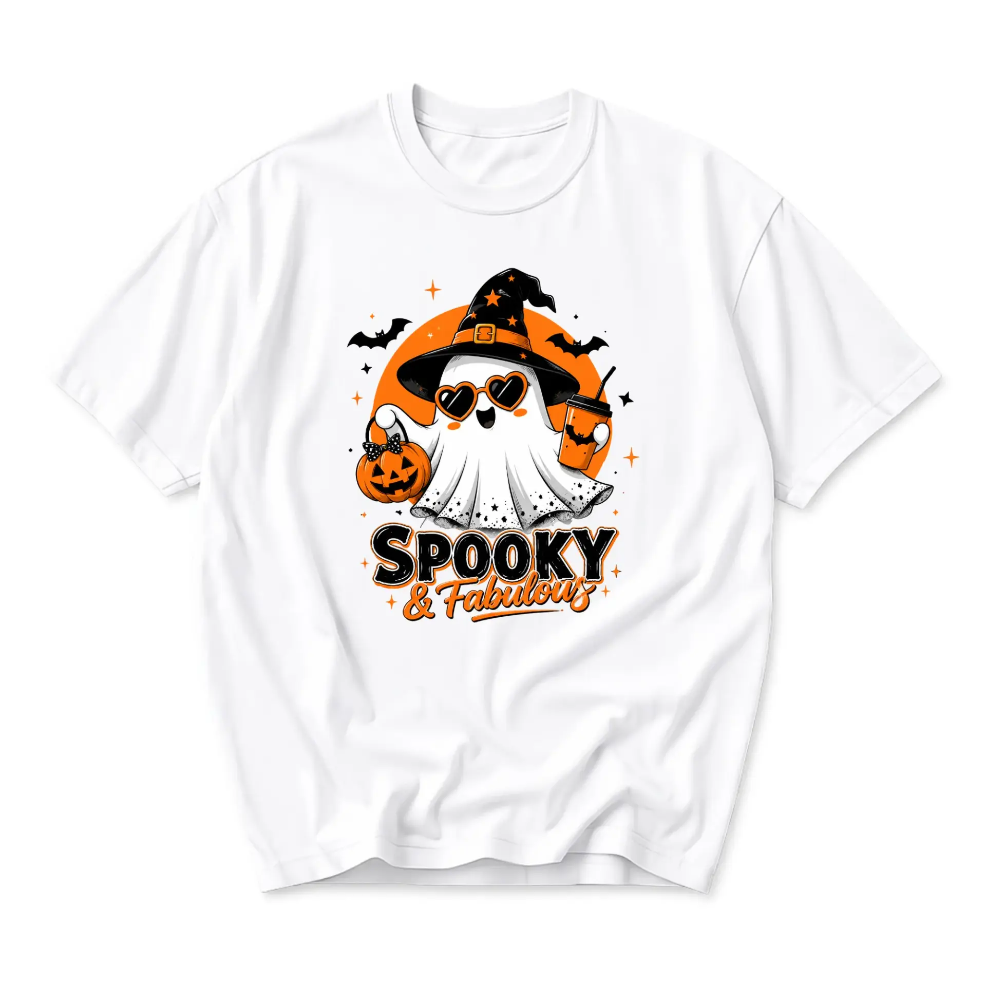 Graphic Tee Spooky and Fabulous Halloween Ghost Design Unisex Crew Neck Soft Cotton Casual Apparel for Every Day Wear