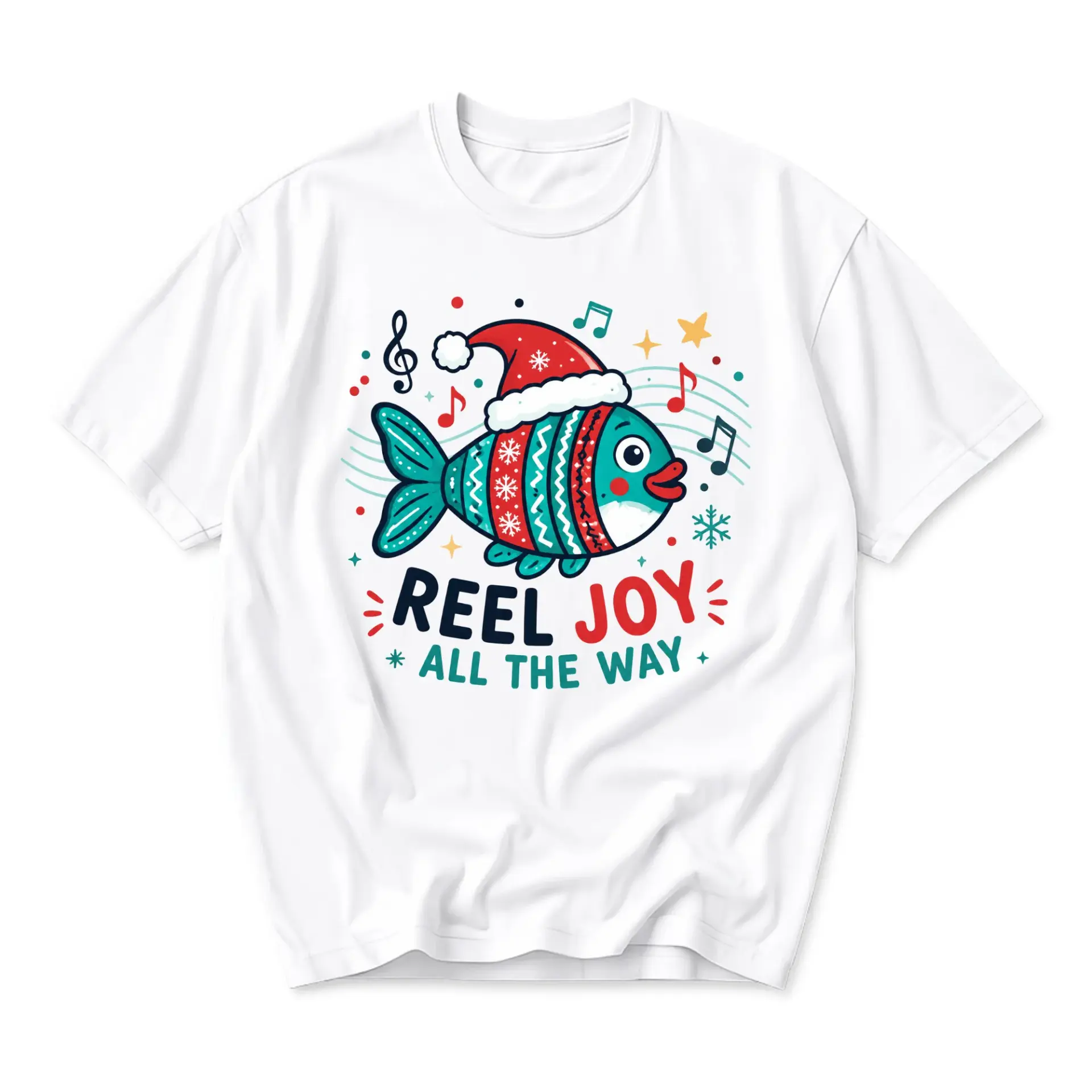 Funny Shirt Reel Joy All the Way Christmas Fishing Graphic Unisex Crew Neck Casual Everyday Holiday Tee