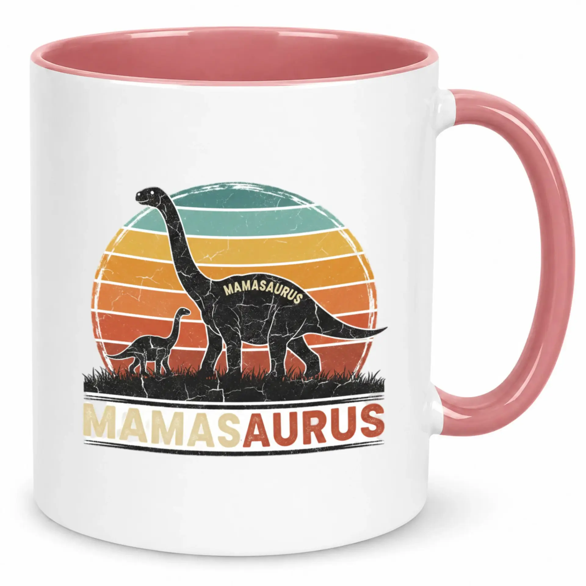 Funny Mamasaaurus Ceramic Coffee Mug with Dinosaur Mom and Baby Design Unique Distressed Sunset Theme 11oz or 15oz Beverage Cup Gift