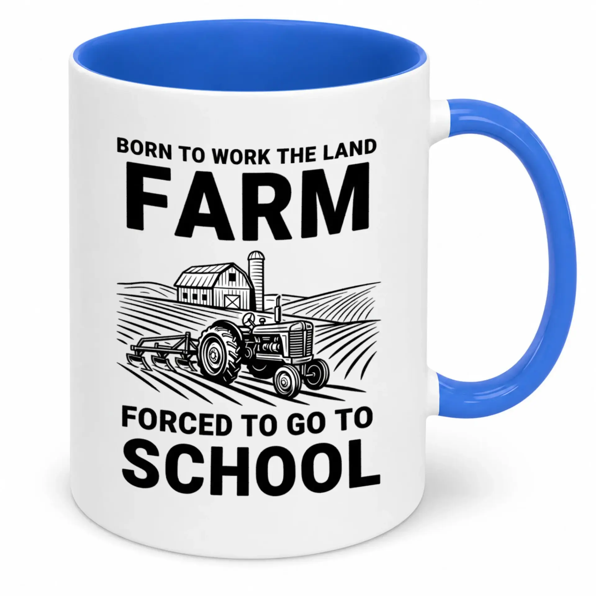 Funny Farmer Coffee Mug Ceramic Drinkware with Tractor and Barn Field Design Humorous 'born to Work the Land Farm' Quote 11oz or 15oz