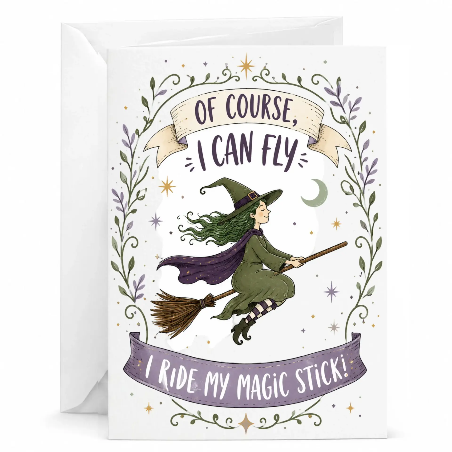 Funny Witch Greeting Card Magical Broomstick Illustration Whimsical Fantasy Art Note with Envelope