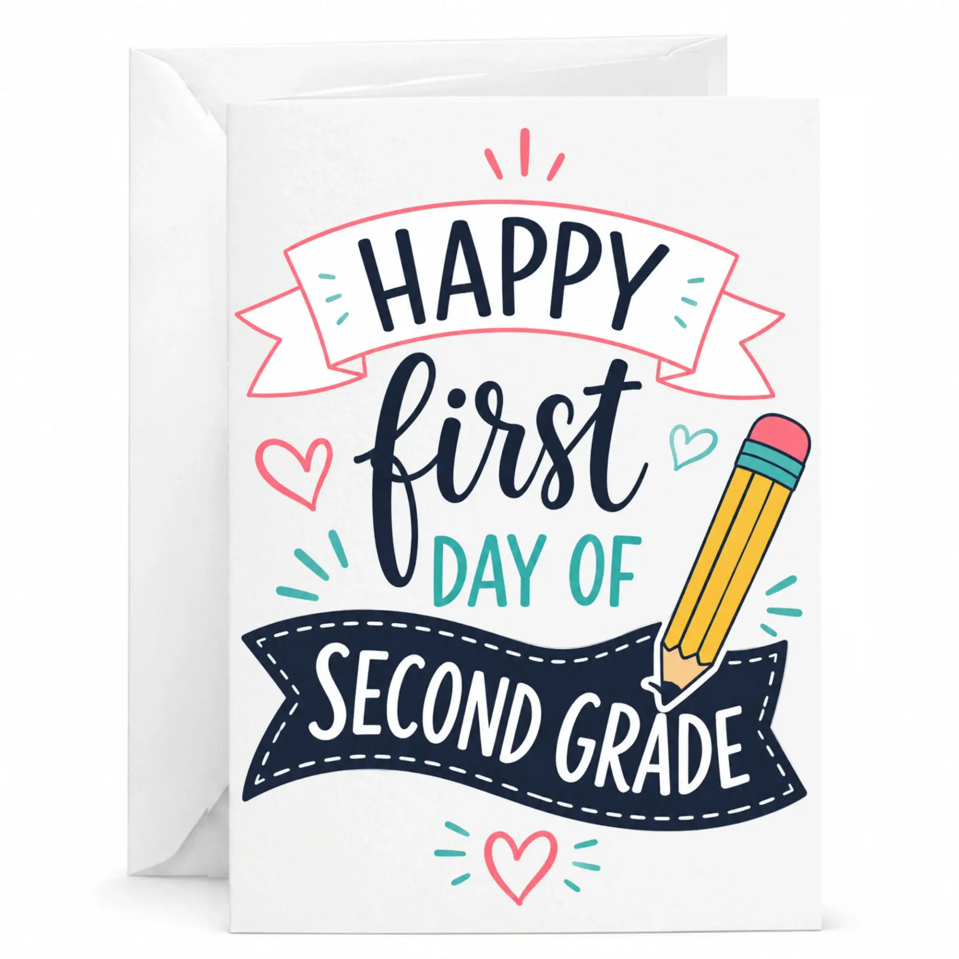 Greeting Card Happy First Day of Second Illustrated Pencil Design Premium Note with Matching Envelope