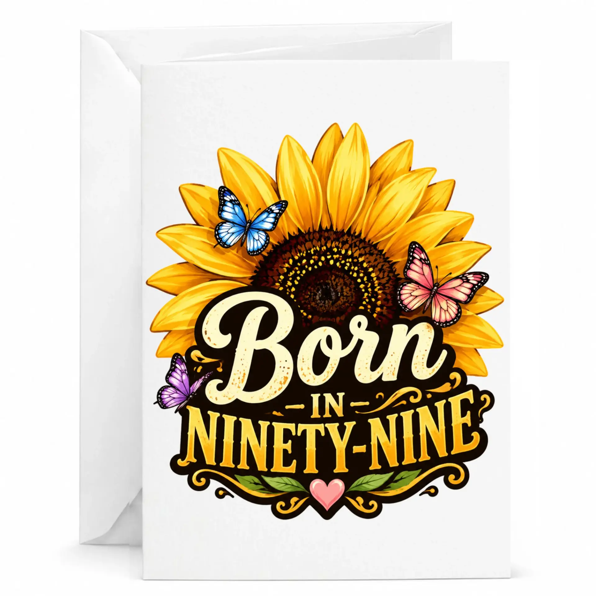 Greeting Card Born in Ninety-Nine Sunflower Butterfly Design Birthday Stationery for Special Milestone Occasions