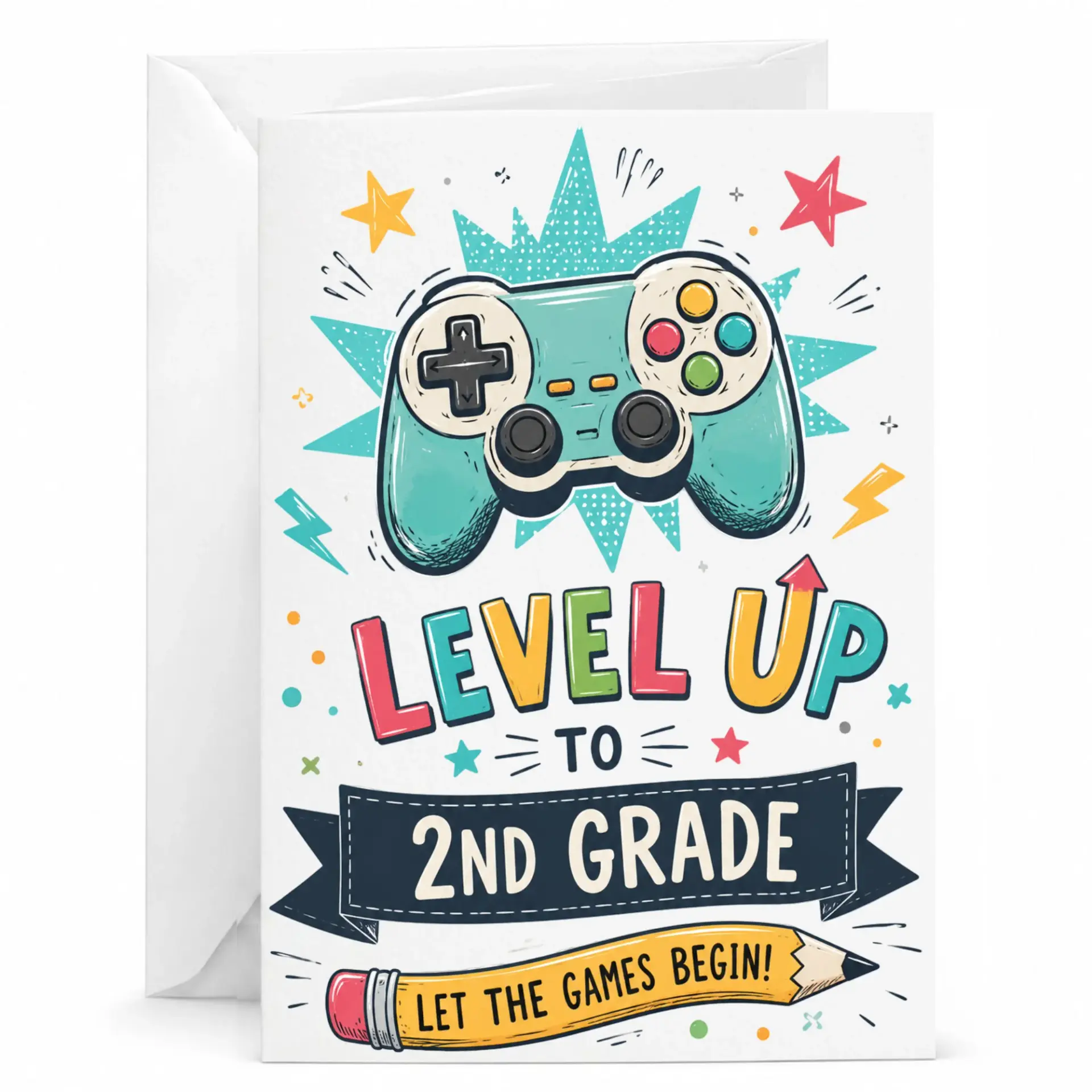 Funny Gaming Birthday Card for 2nd Student up Video Game Theme Greeting with White Envelope