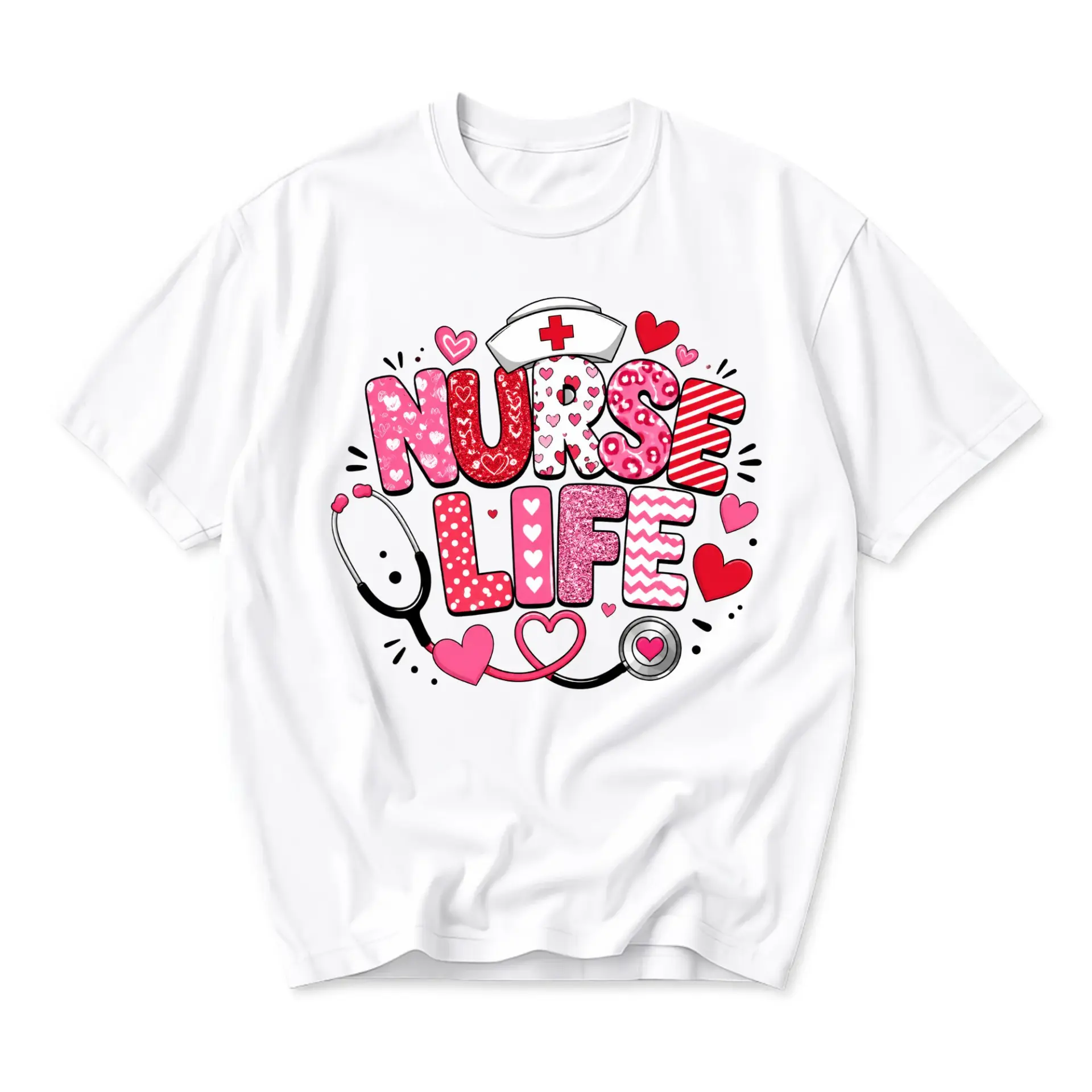 Graphic Tee Nurse Life Medical Professional Hearts Stethoscope Print Unisex Crew Neck Short Sleeve Casual Cotton Shirt