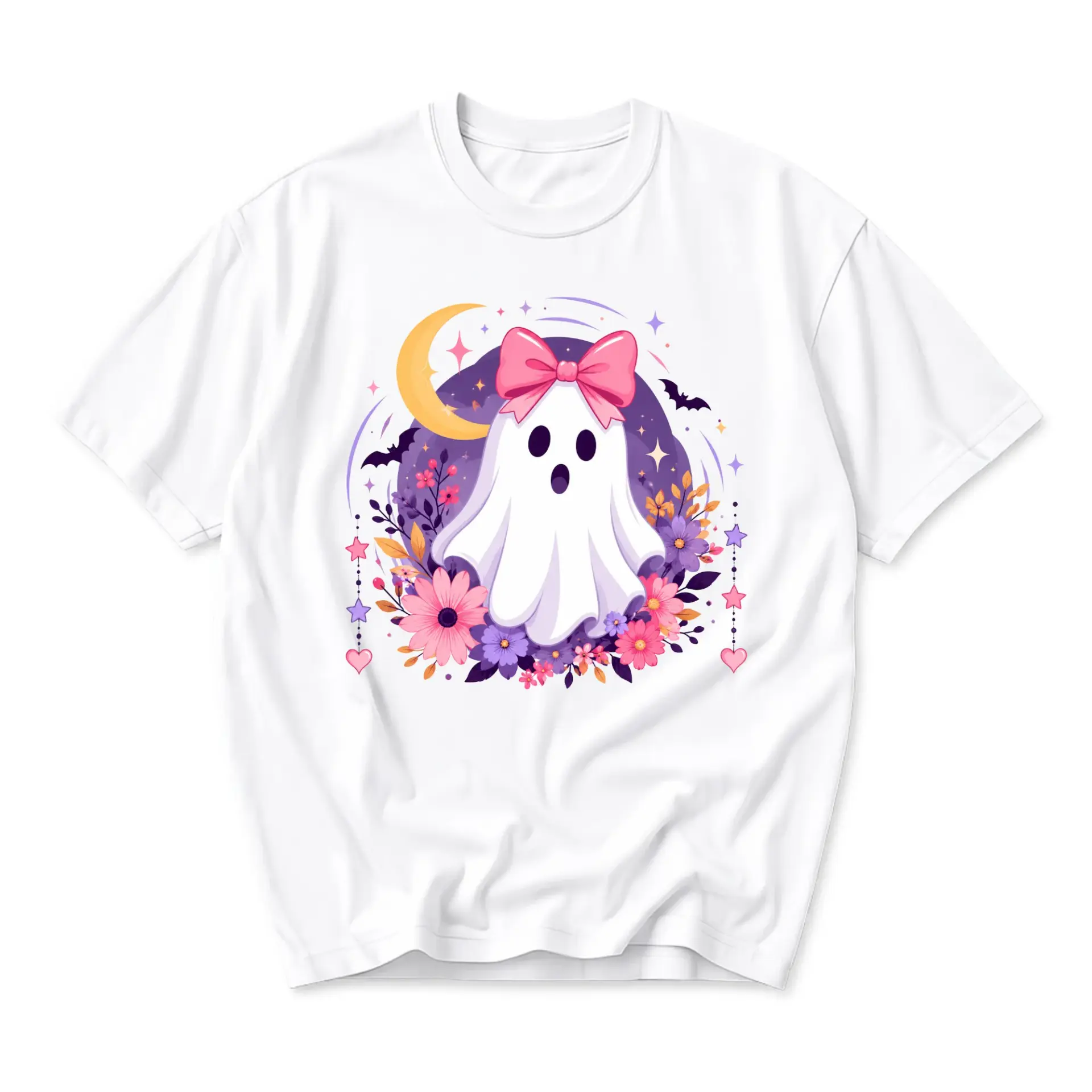 Graphic Tee Cute Ghost with Pink Bow and Floral Moon Illustration Unisex Casual Crew Neck Comfortable Cotton Shirt