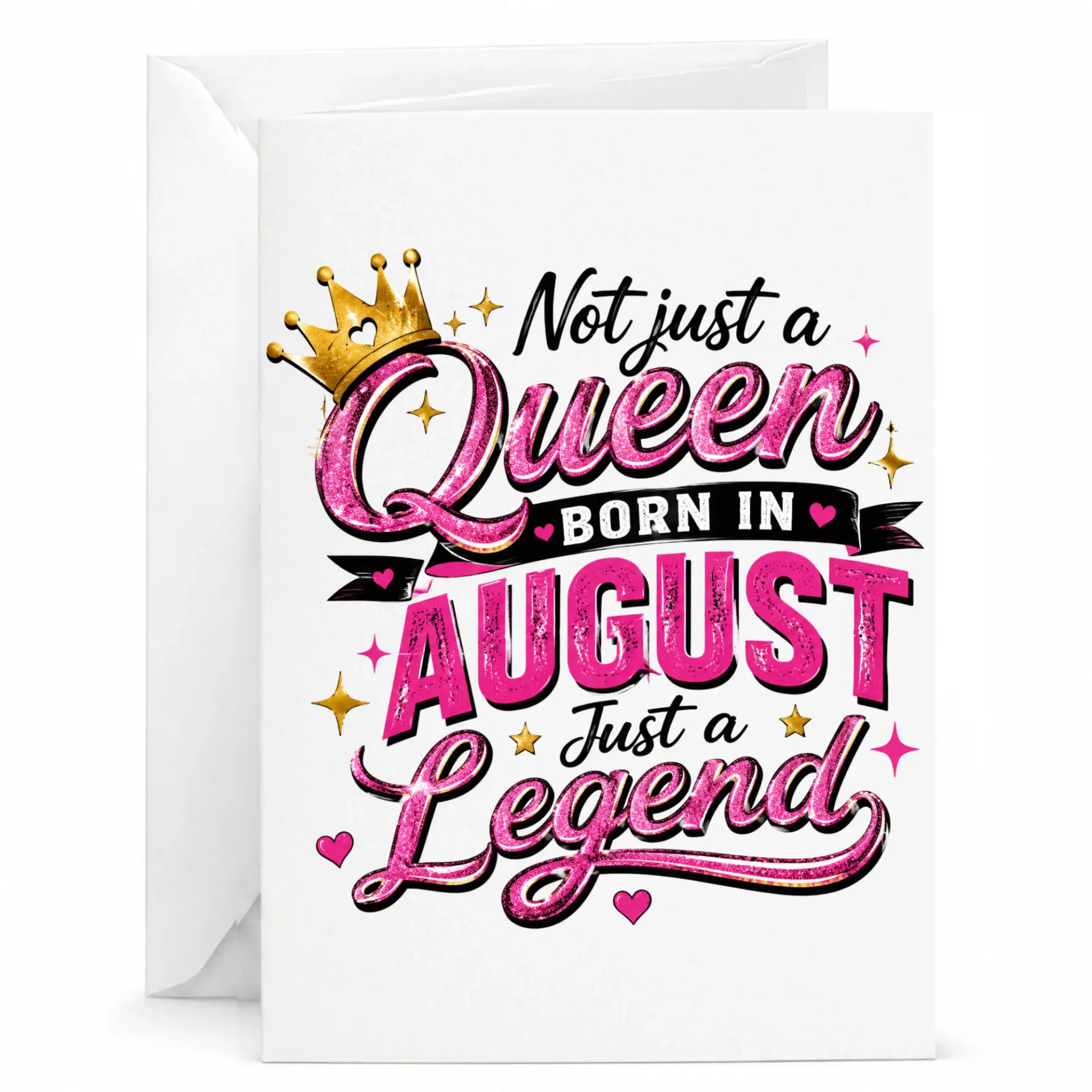 Birthday Card for Women Born in August Featuring Gold Crown and Pink Glitter Typography Design for Special Celebration