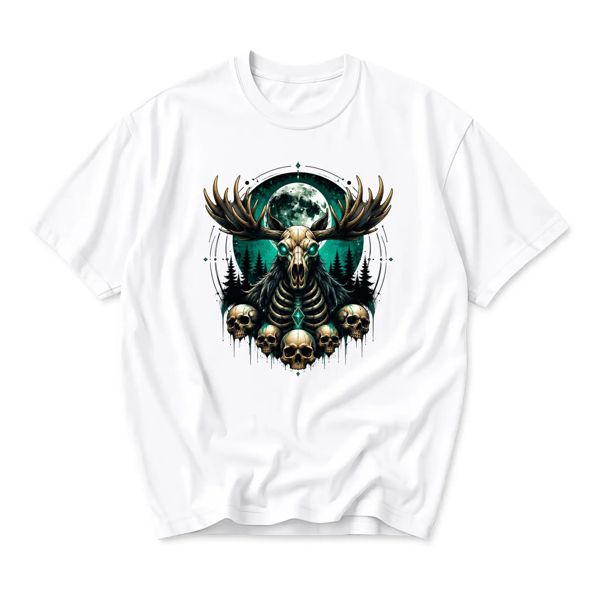Graphic Tee Unisex Crew Neck T-Shirt Featuring Mystical Forest Moose Skull Moon Artwork for Casual Everyday Wear