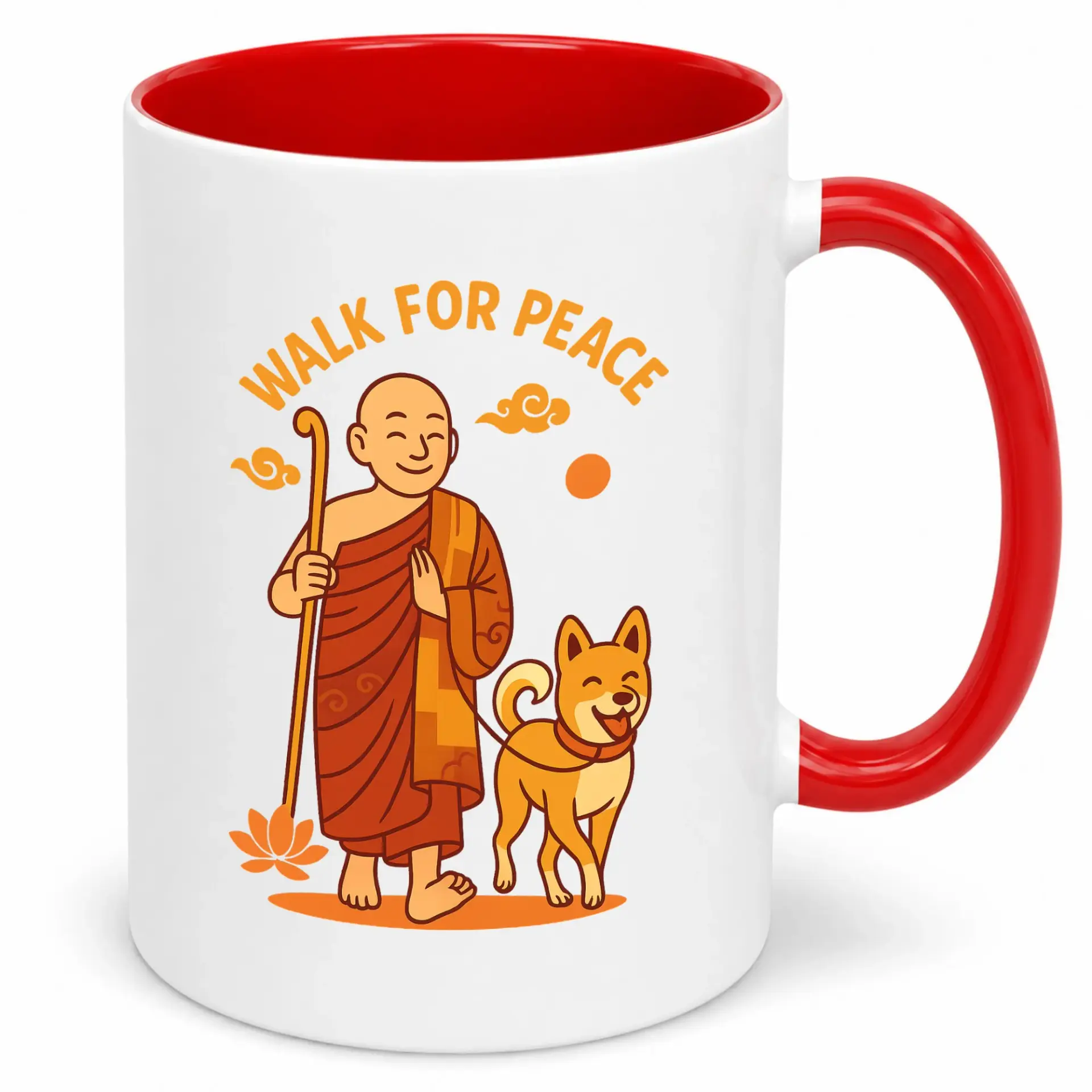 Ceramic Coffee Mug with Monk and Dog Walking for Peace Design - Inspirational White and Red Handle Drinkware Gift