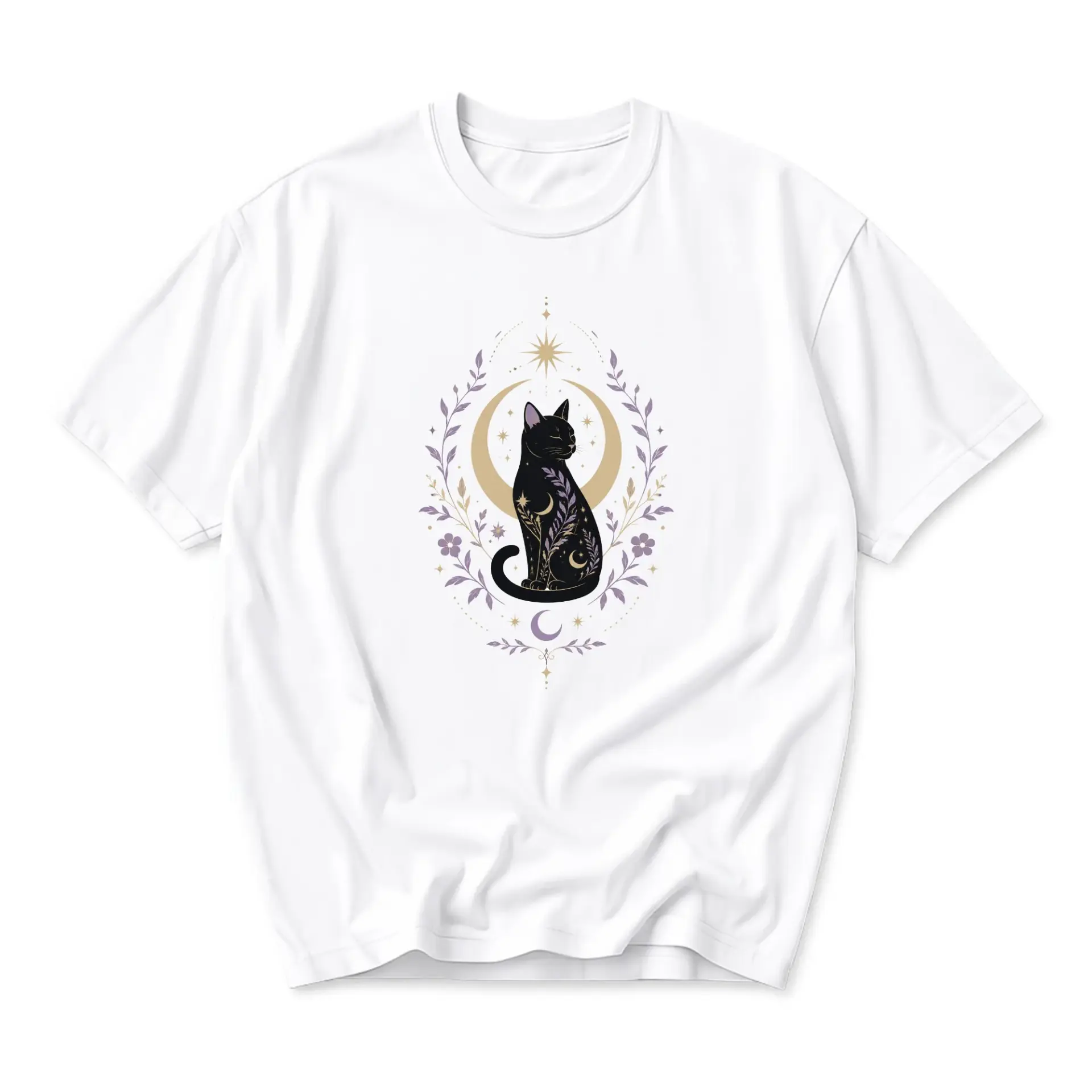Graphic Tee Celestial Black Cat Moon Floral Art Shirt Unisex Short Sleeve Casual Cotton Blend Crew Neck Top Clothing