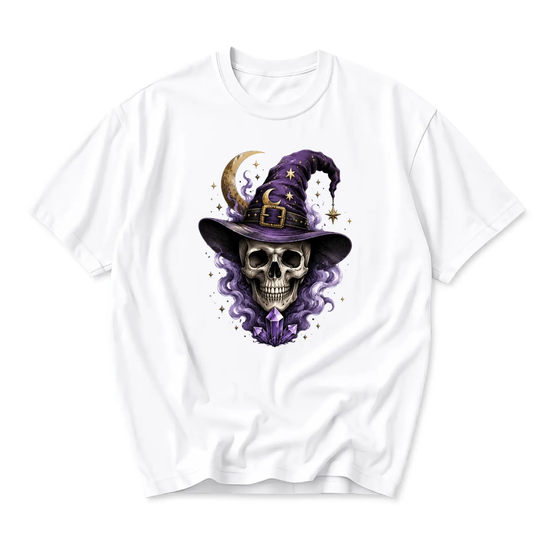 Graphic Tee Skull Wearing Purple Witch Hat Celestial Moon Stars Crystal Illustration Unisex Crew Neck Cotton T-Shirt