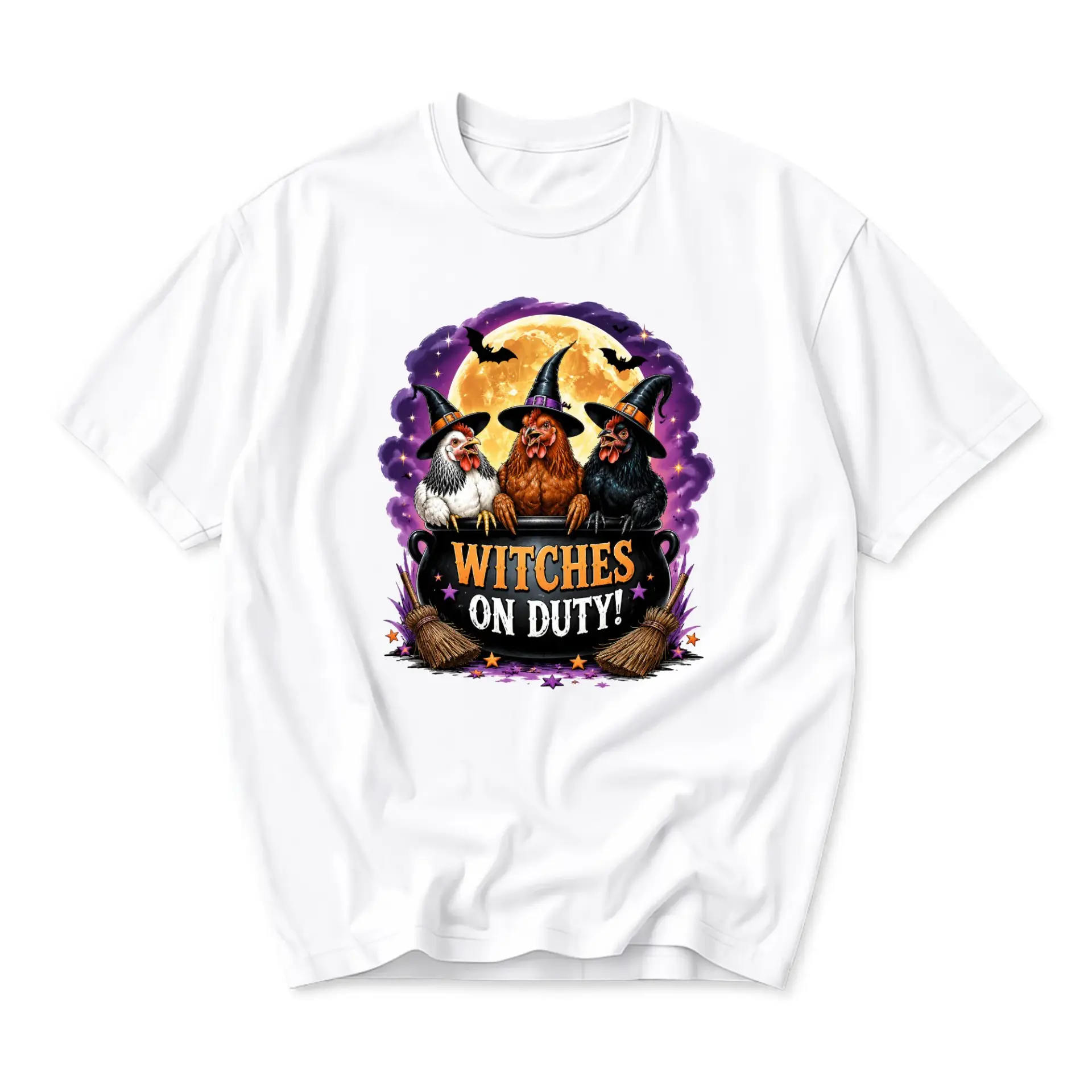 Funny Shirt Witches on Duty Graphic Tee Featuring Three Chickens Wearing Witch Hats for Casual Everyday Wear