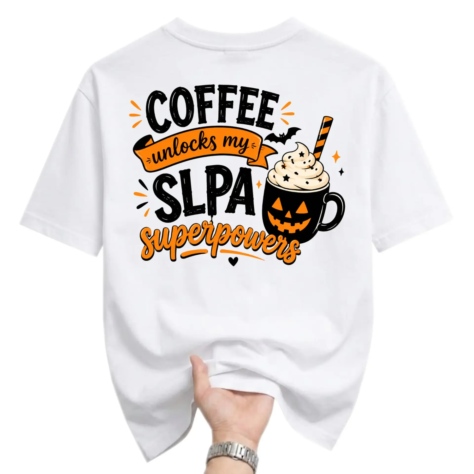 Funny Shirt Coffee Unlocks My Slpa Superpowers Graphic Tee Retro Halloween Pumpkin Mug Unisex Casual Everyday Top