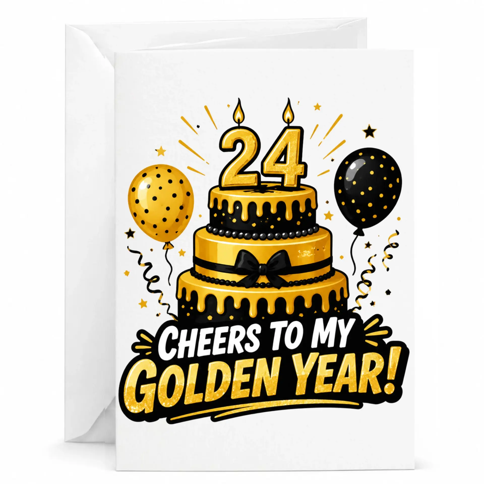 Birthday Card 24th Birthday Cheers to My Golden Year Elegant Black and Gold Cake Illustration for Milestone Celebration