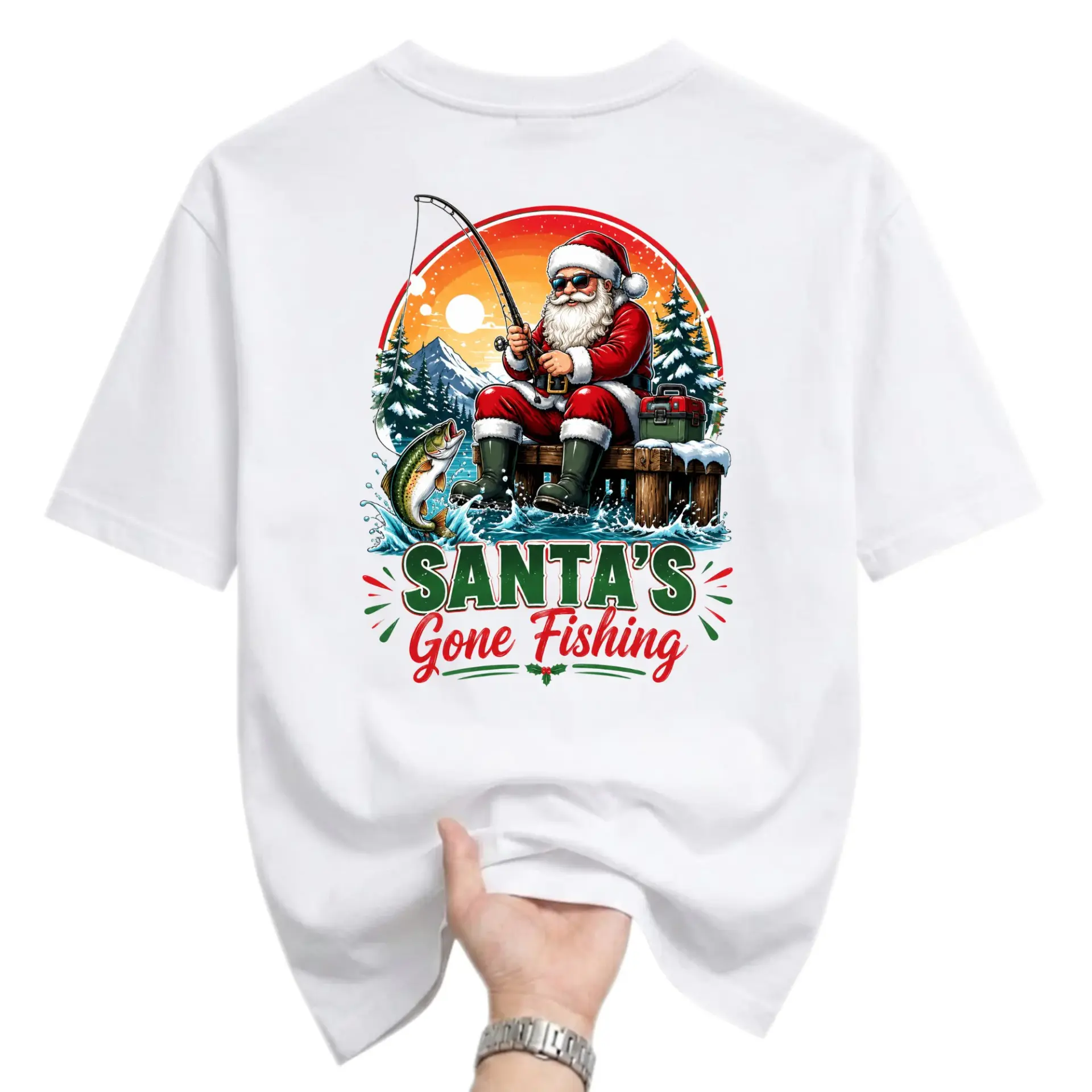 Funny Shirt Santa's Gone Fishing Graphic Tee Unisex Casual Crew Neck Holiday Humor Cotton Blend Apparel White T-Shirt
