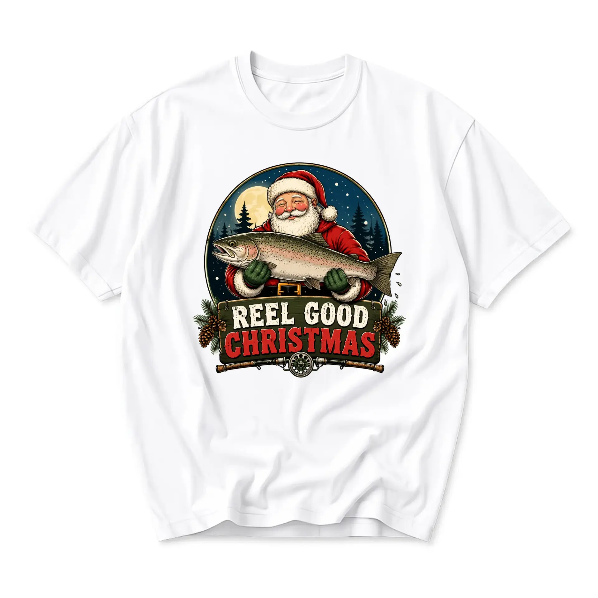 Funny Shirt Reel Good Christmas Graphic Tee Santa Claus Fishing Unisex Crew