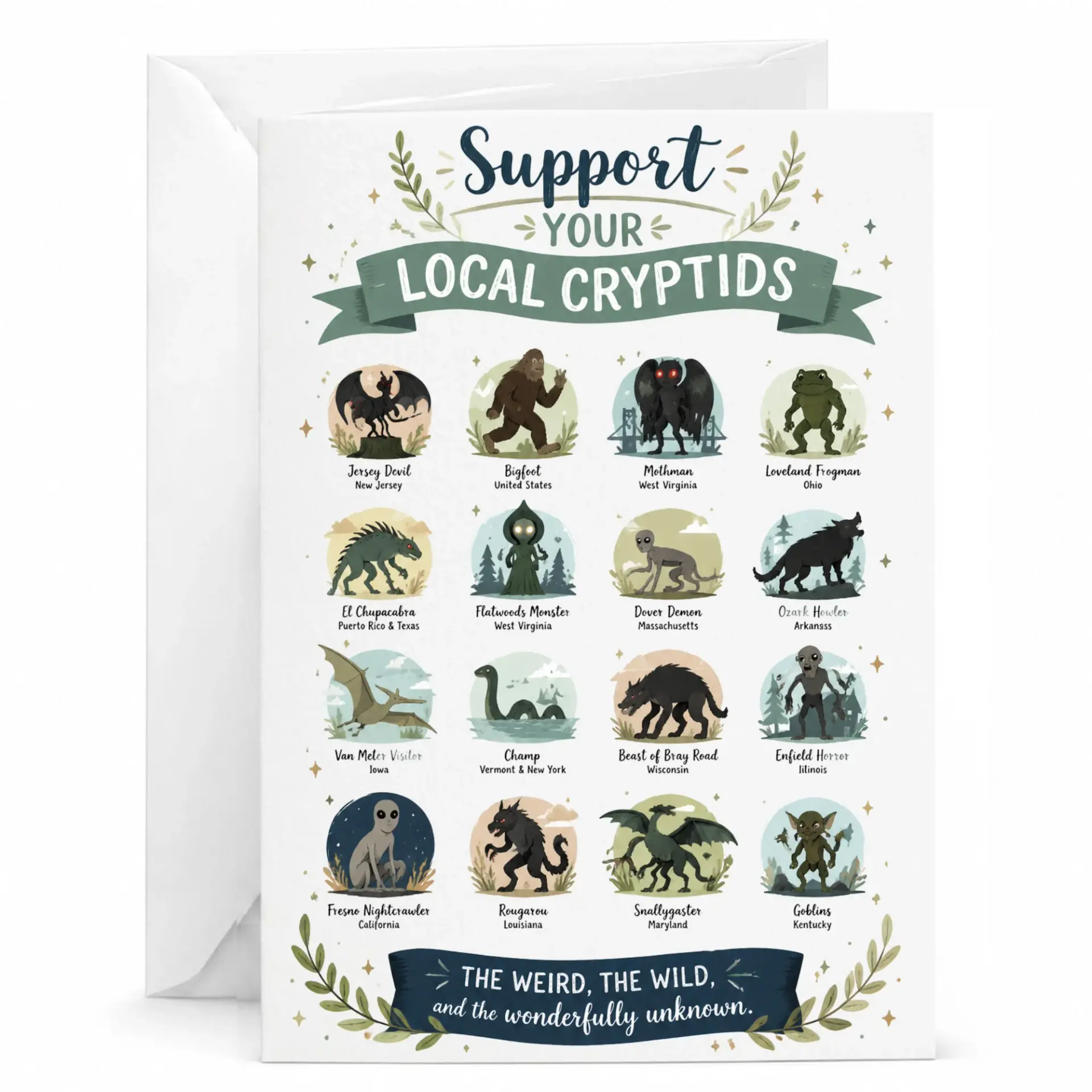 Funny Greeting Card Support Your Local Cryptids Folklore Adventure Wildlife Art Print Folded Stationery Note Card