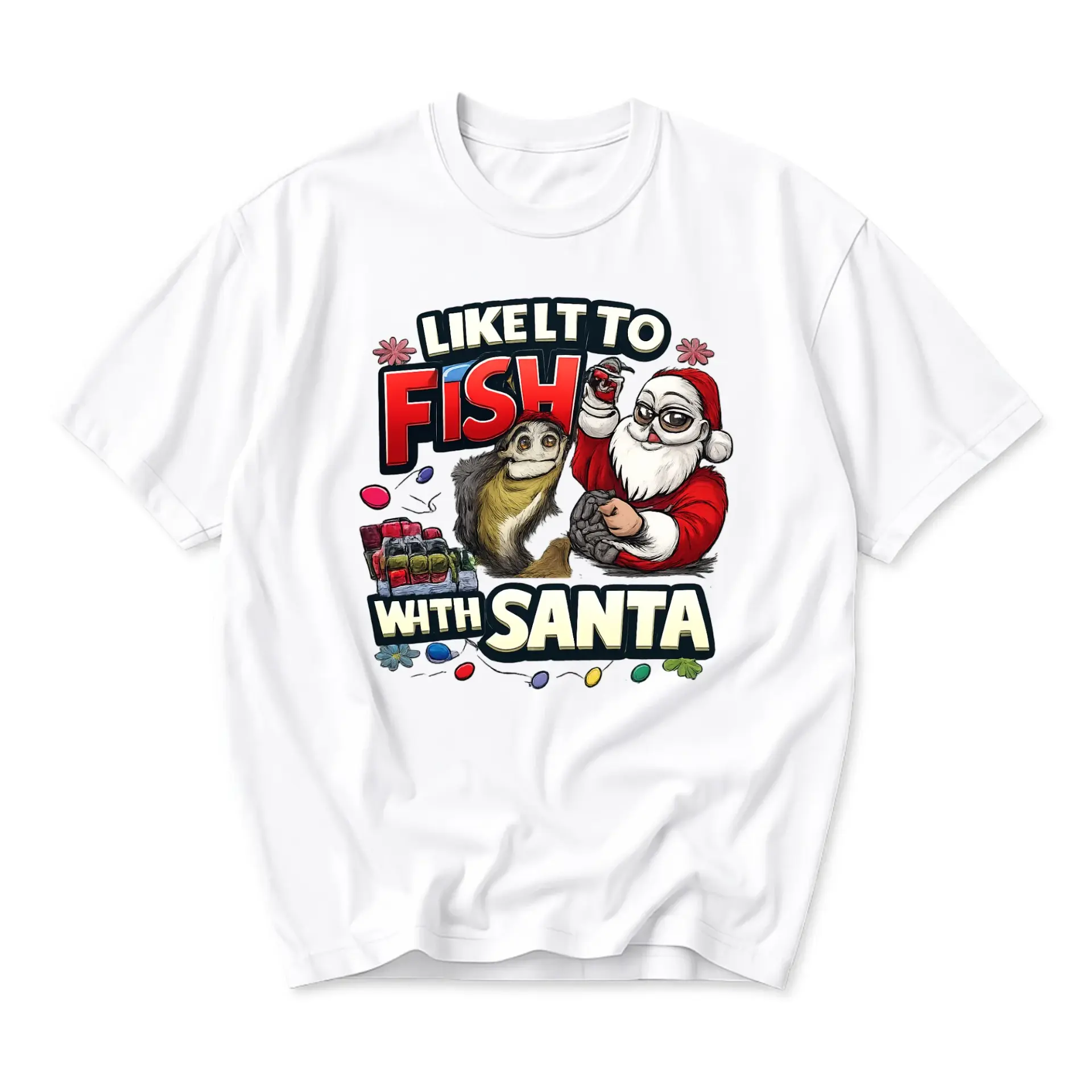 Funny Shirt Like It to Fish with Santa Unisex Graphic Printed T-Shirt