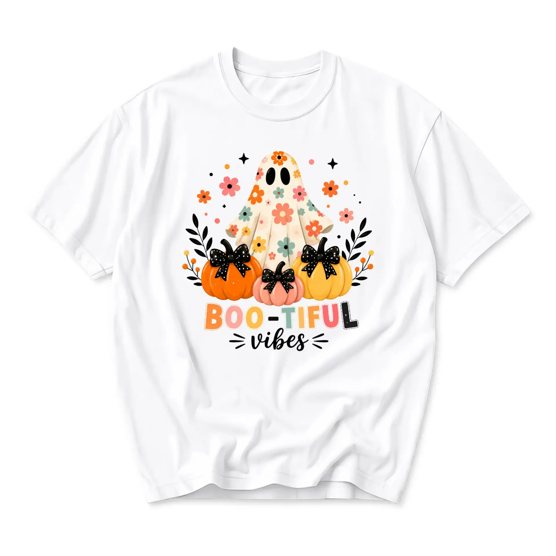 Graphic Tee Boo-Tiful Vibes Floral Ghost Pumpkin Fall Seasonal Unisex Crew Neck Short Sleeve Casual Cotton T-Shirt