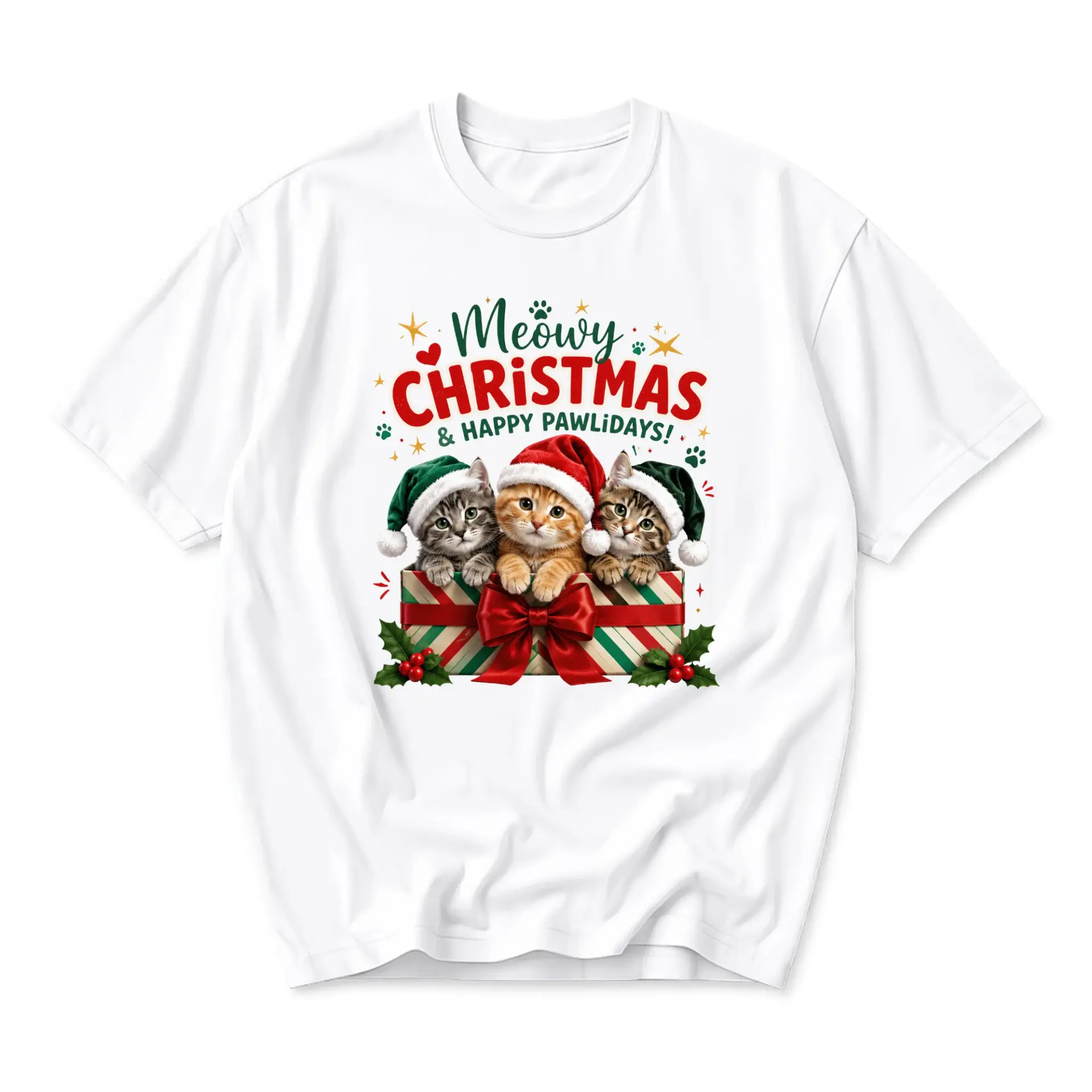 Funny Shirt Meowy Christmas and Happy Pawlidays Graphic Tee Cute Cats in Gift Box Holiday Crew Neck Unisex T-Shirt