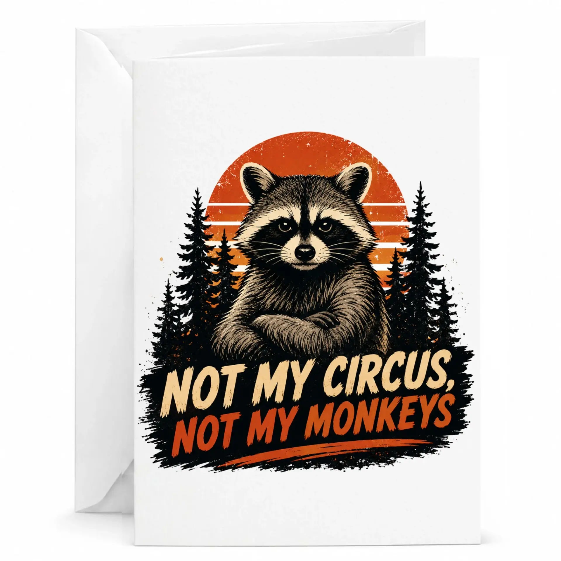 Funny Raccoon Greeting Card Not My Circus My Monkeys Retro Style Design Printed Folded Note