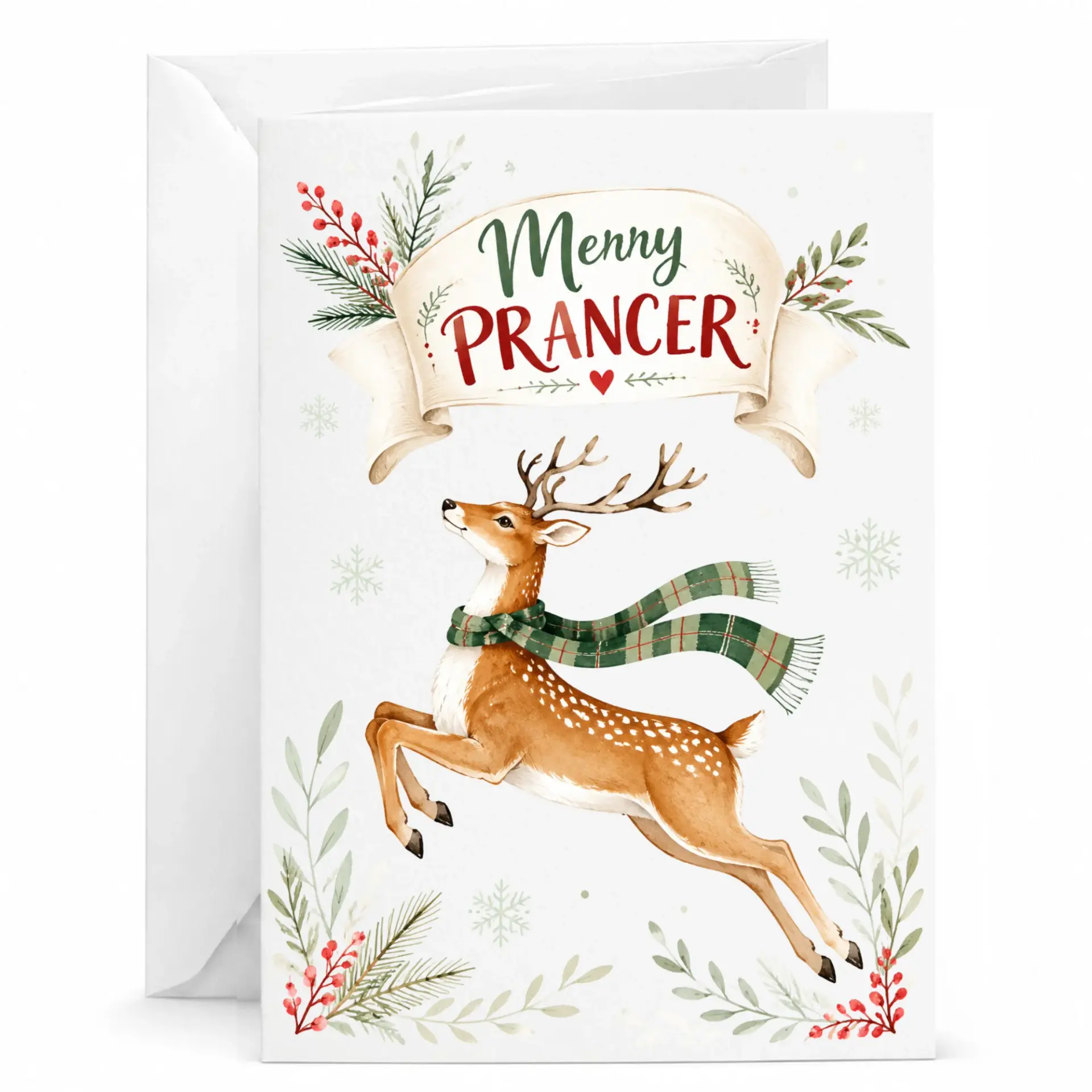 Funny Christmas Greeting Card Merry Prancer Holiday Card with Festive Reindeer Illustration and Envelope 5x7 Inches