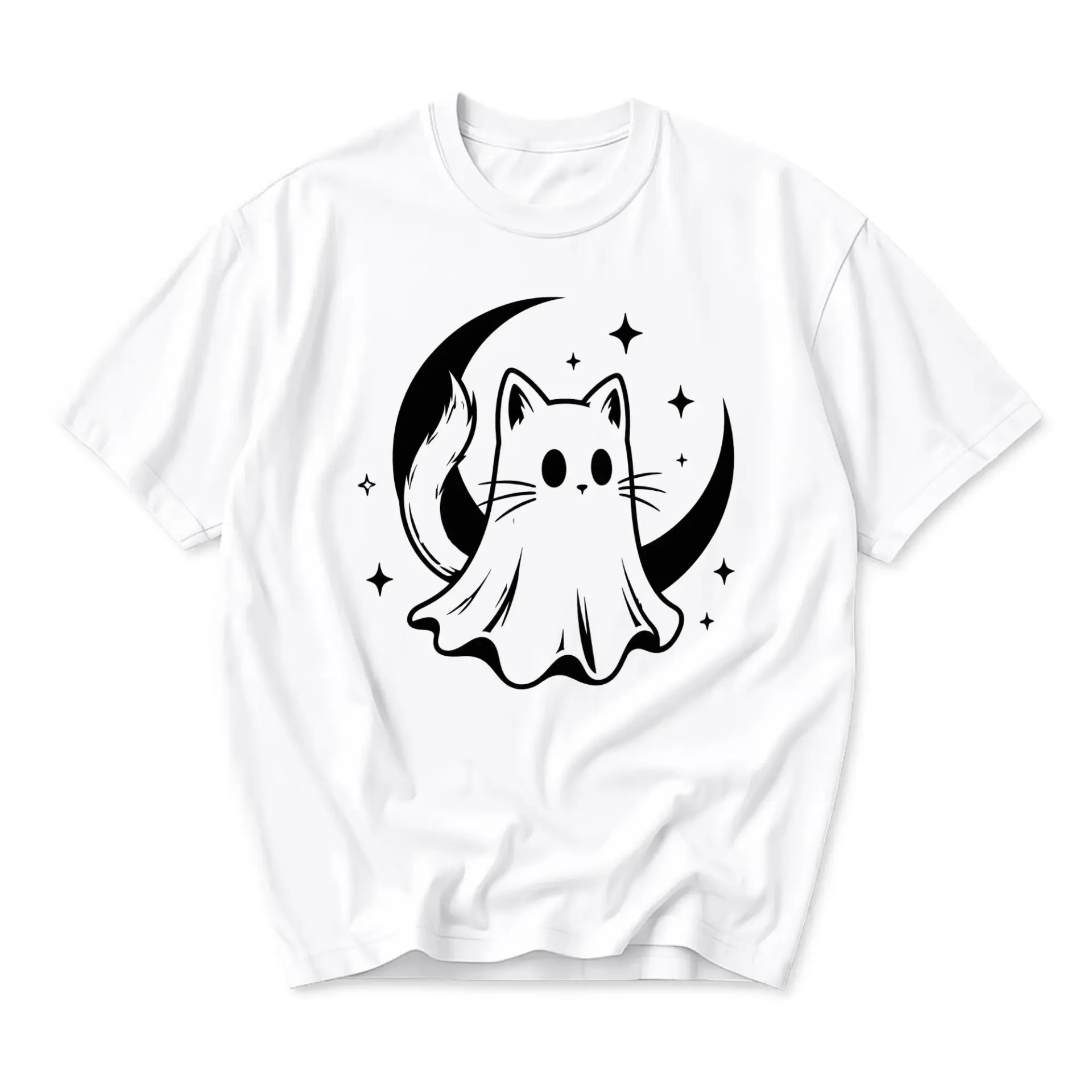 Graphic Tee Ghost Cat Design Featuring Whimsical Crescent Moon and Stars Print Unisex Casual Cotton Crew Neck Short Sleeve