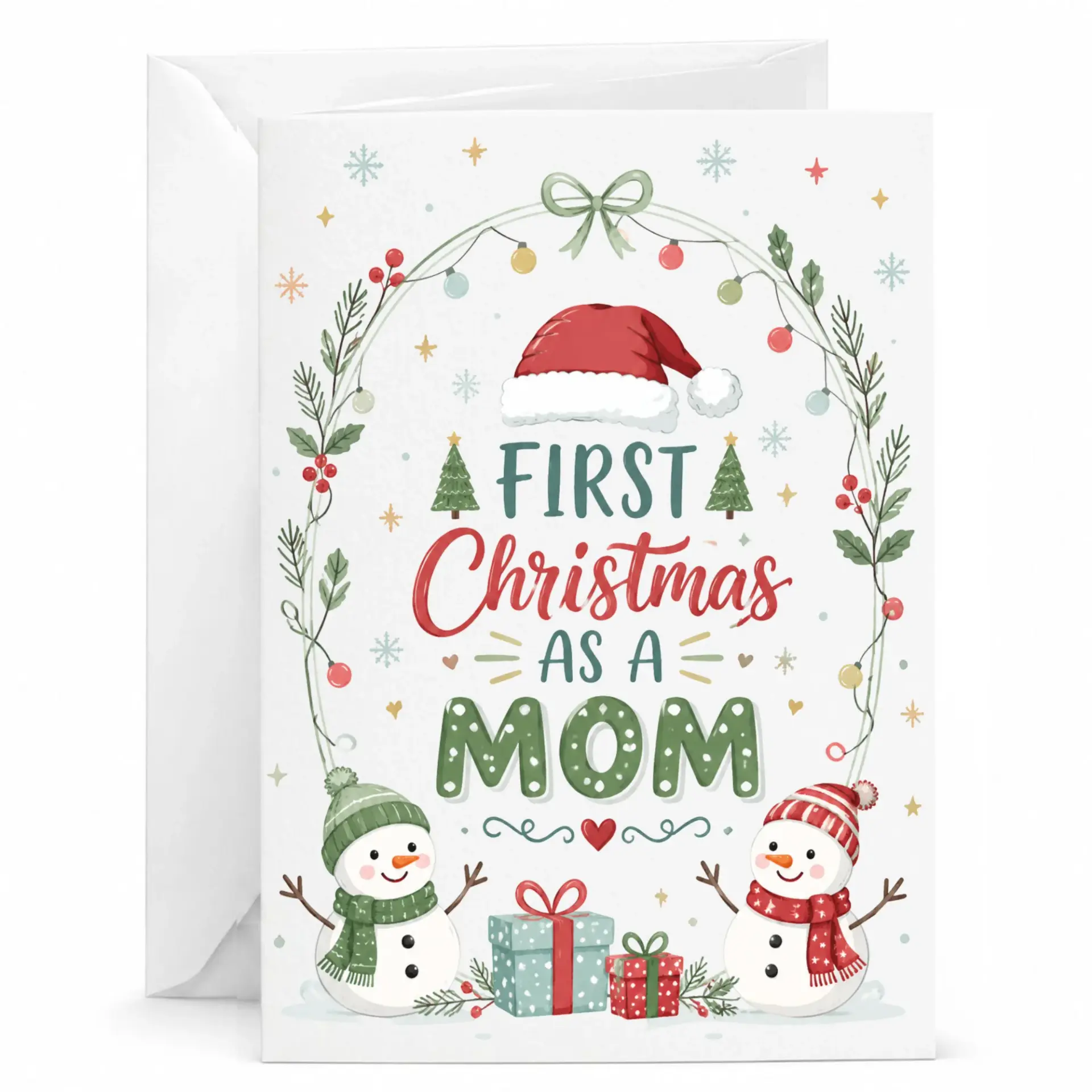 Greeting Card First Christmas as a Mom Festive Holiday Stationery with Seasonal Snowman Design and Matching White Envelope