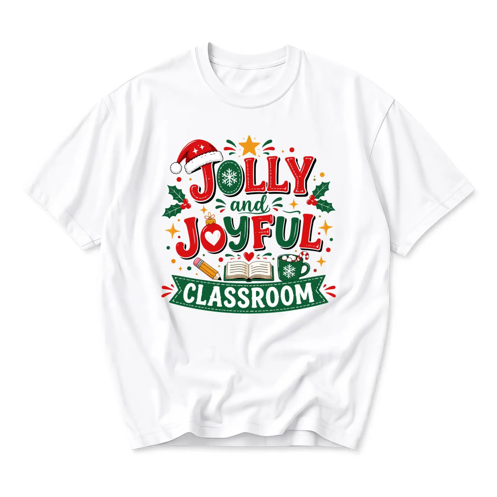 Funny Shirt Jolly and Joyful Classroom Holiday Graphic Tee Unisex Casual Crew Neck Soft Cotton Blend Summer Top