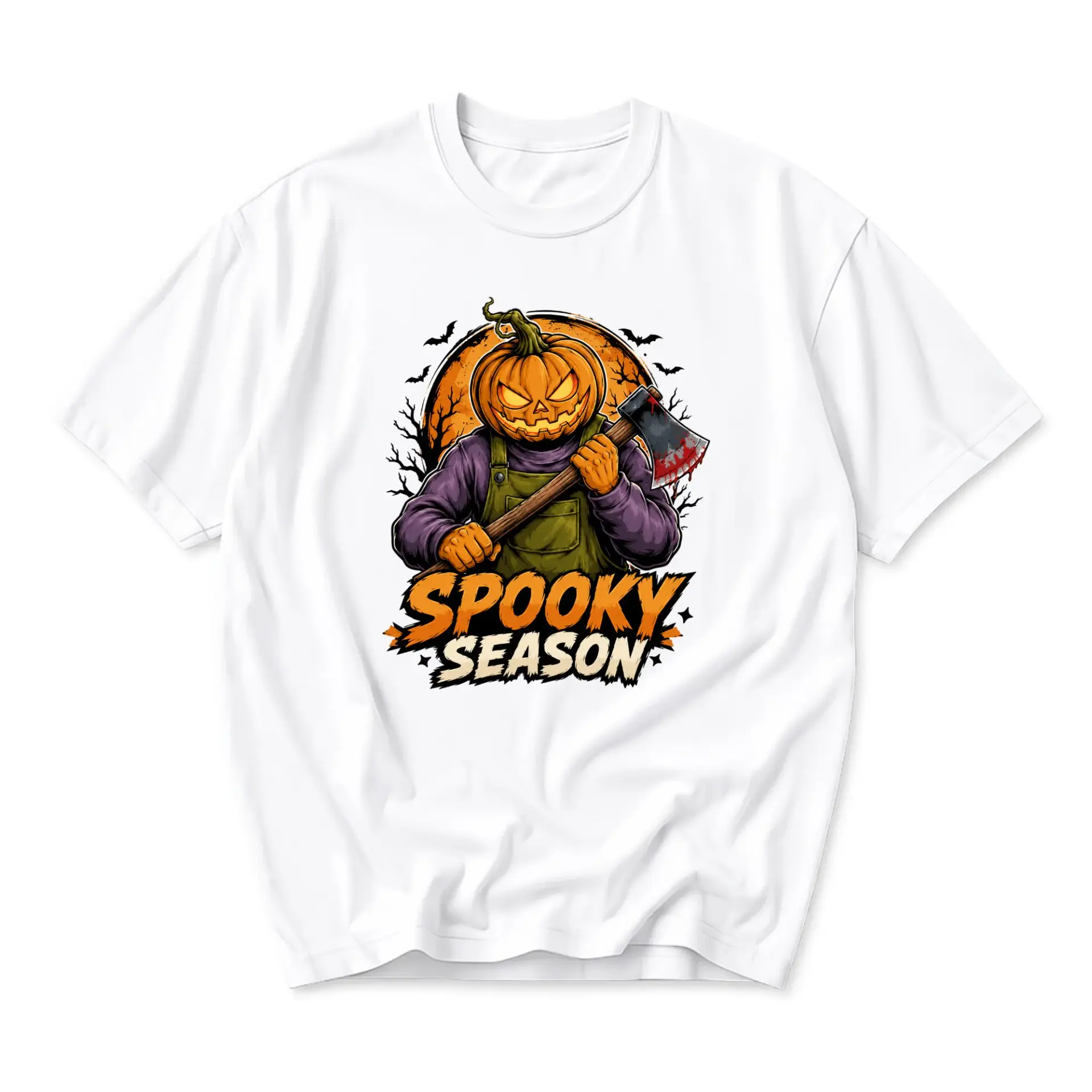 Funny Shirt Spooky Season Graphic Tee Featuring a Pumpkin Head Character with an Axe for Casual Autumn Wear