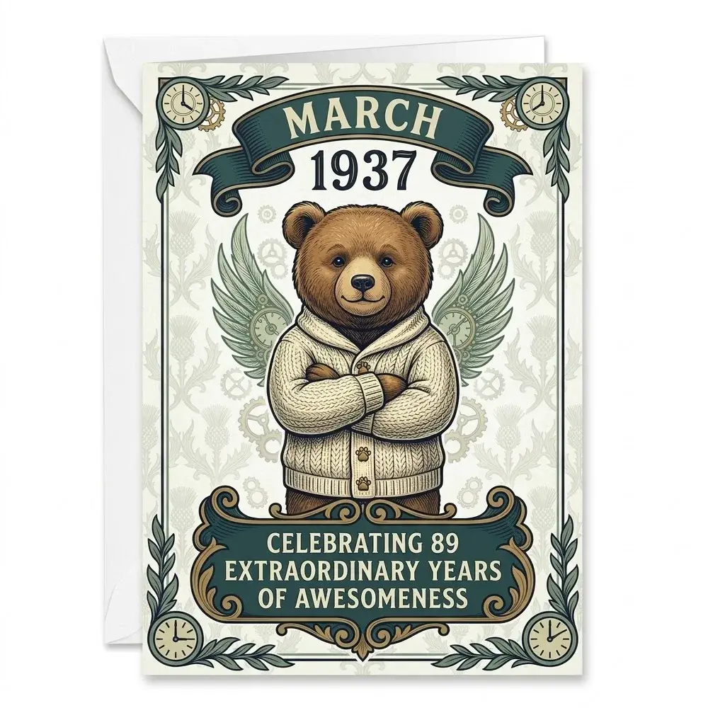 Vintage Birthday Greeting Card With Envelope Retro Mechanical Bear Milestone Celebration Note Card 5x7 Inch Folded Size