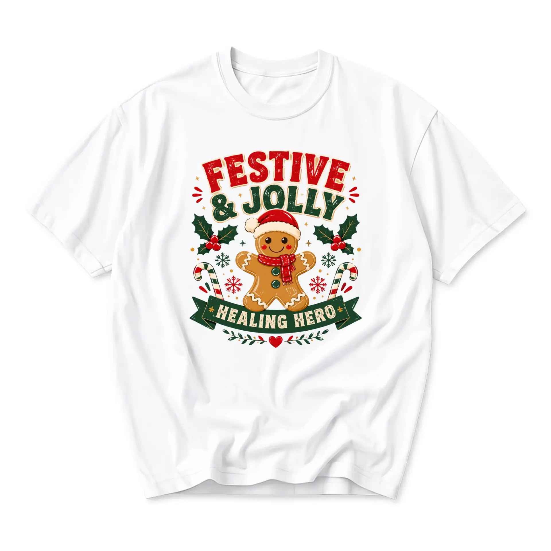 Funny Shirt Festive and Jolly Healing Hero Gingerbread Man Graphic Tee Holiday Season Casual Unisex Crew Neck T-Shirt