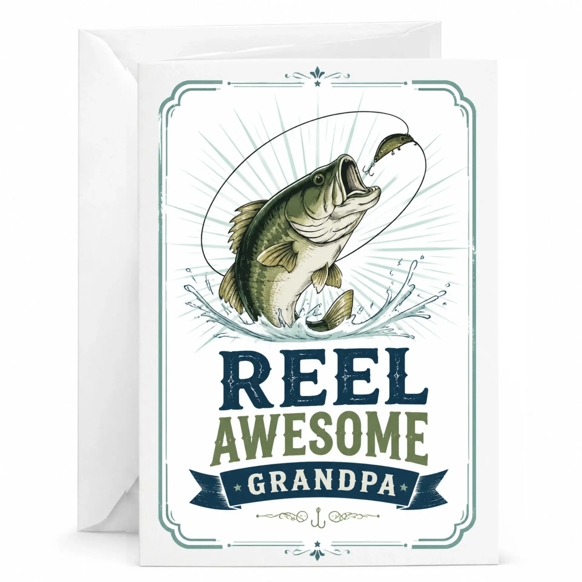Greeting Card for Grandpa Fishing Theme Funny Reel Awesome Illustration Design Premium Heavyweight Paper Folded Note