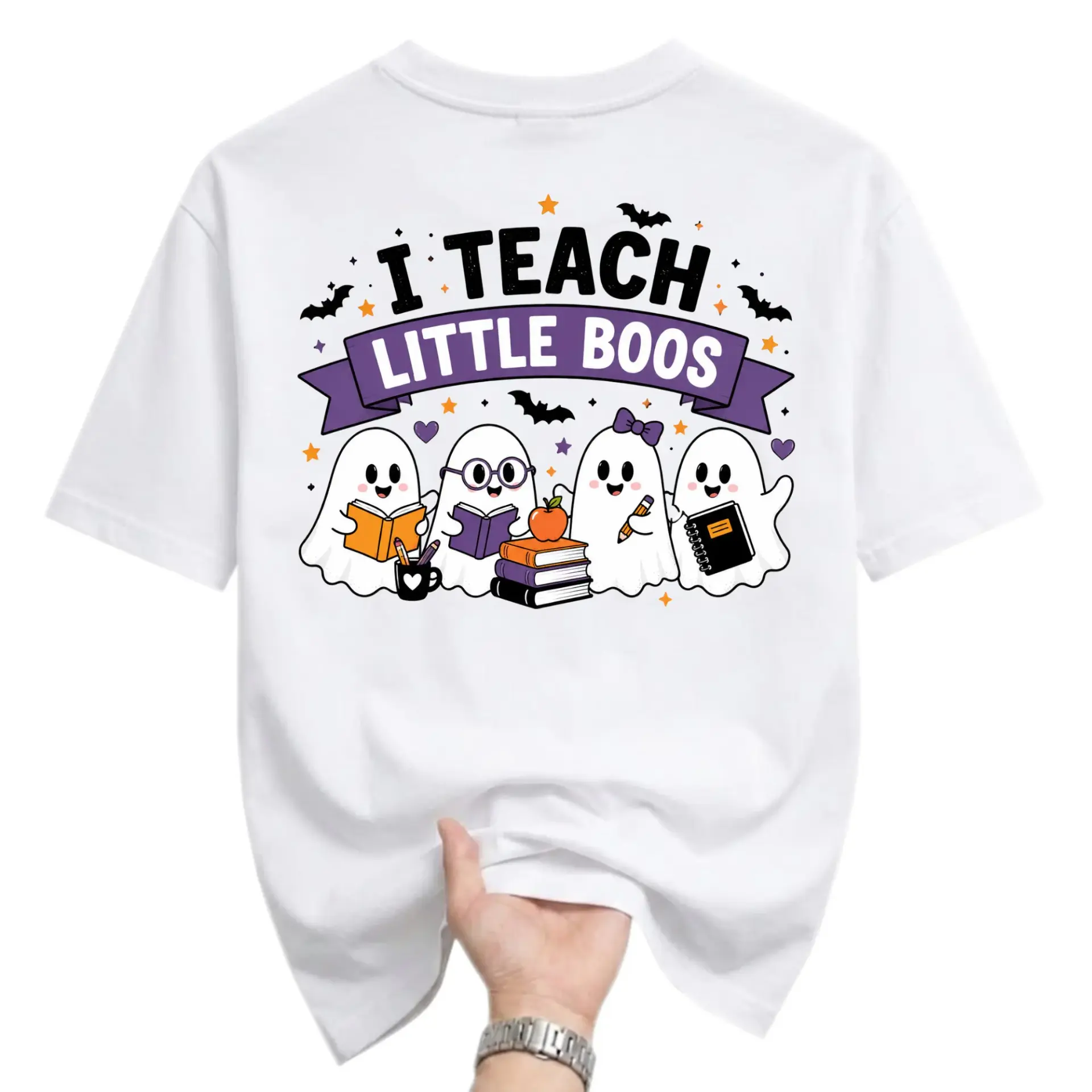 Funny Shirt I Teach Little Boos Graphic Tee Casual Unisex Crew Neck Top for Educators and Seasonal Holiday Apparel