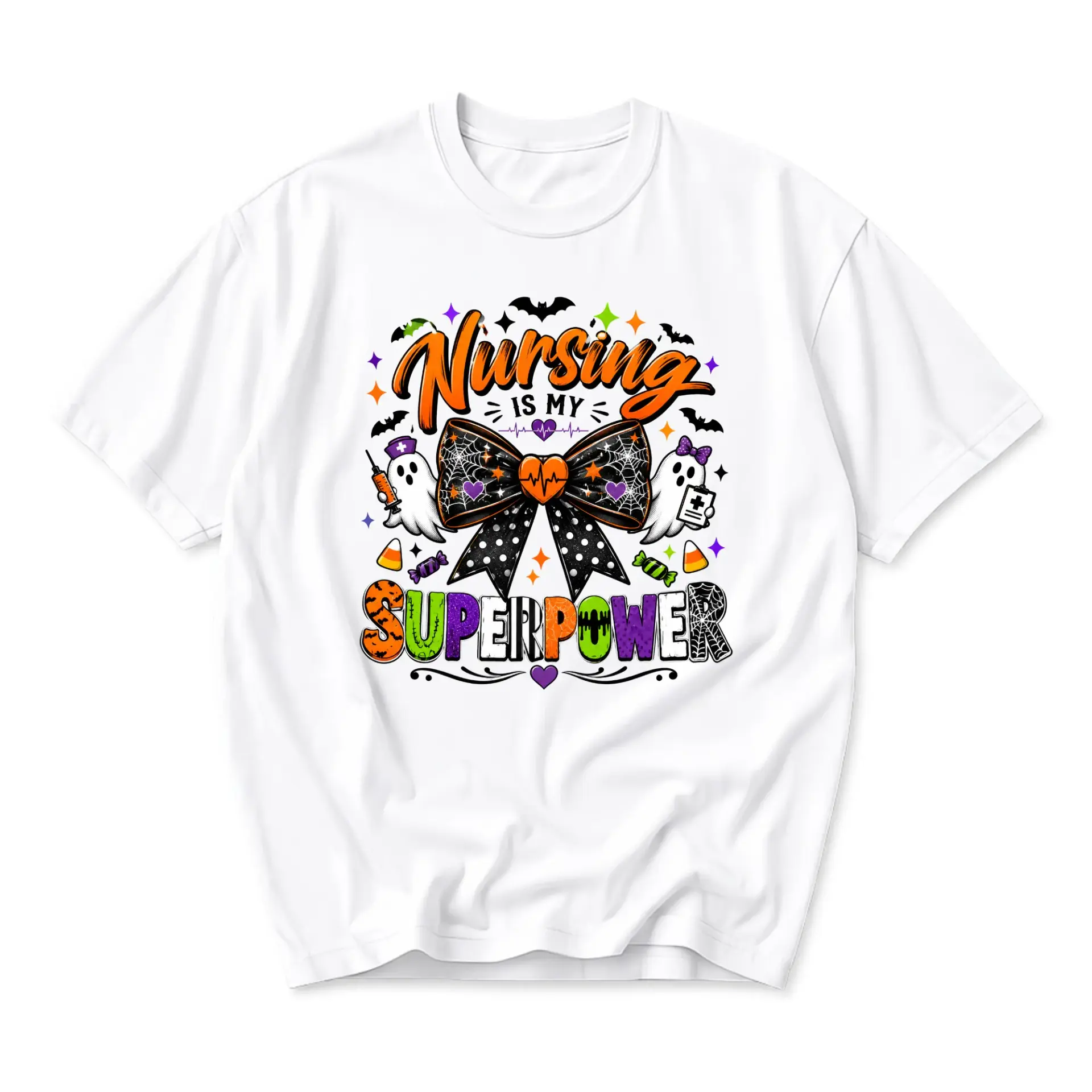 Graphic Tee Nursing Is My Superpower Halloween Shirt for Nurses Spooky Seasonal Casual Unisex Crew Neck T-Shirt