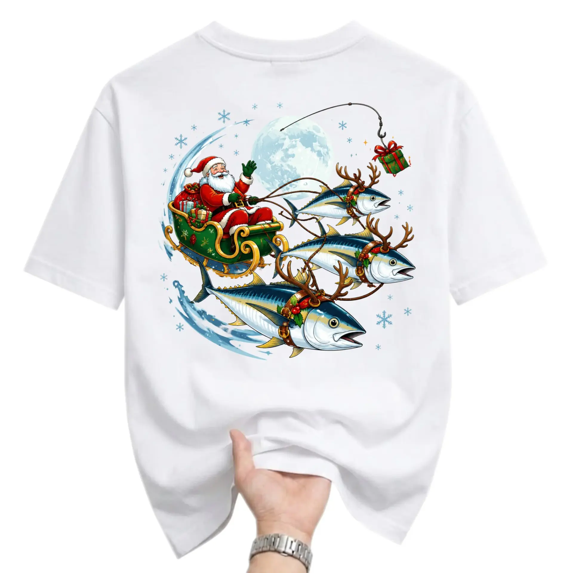 Funny Shirt Santa Sleigh Pulled by Fish Graphic Tee Christmas Fishing Lover Holiday Unisex Crew Neck T-Shirt