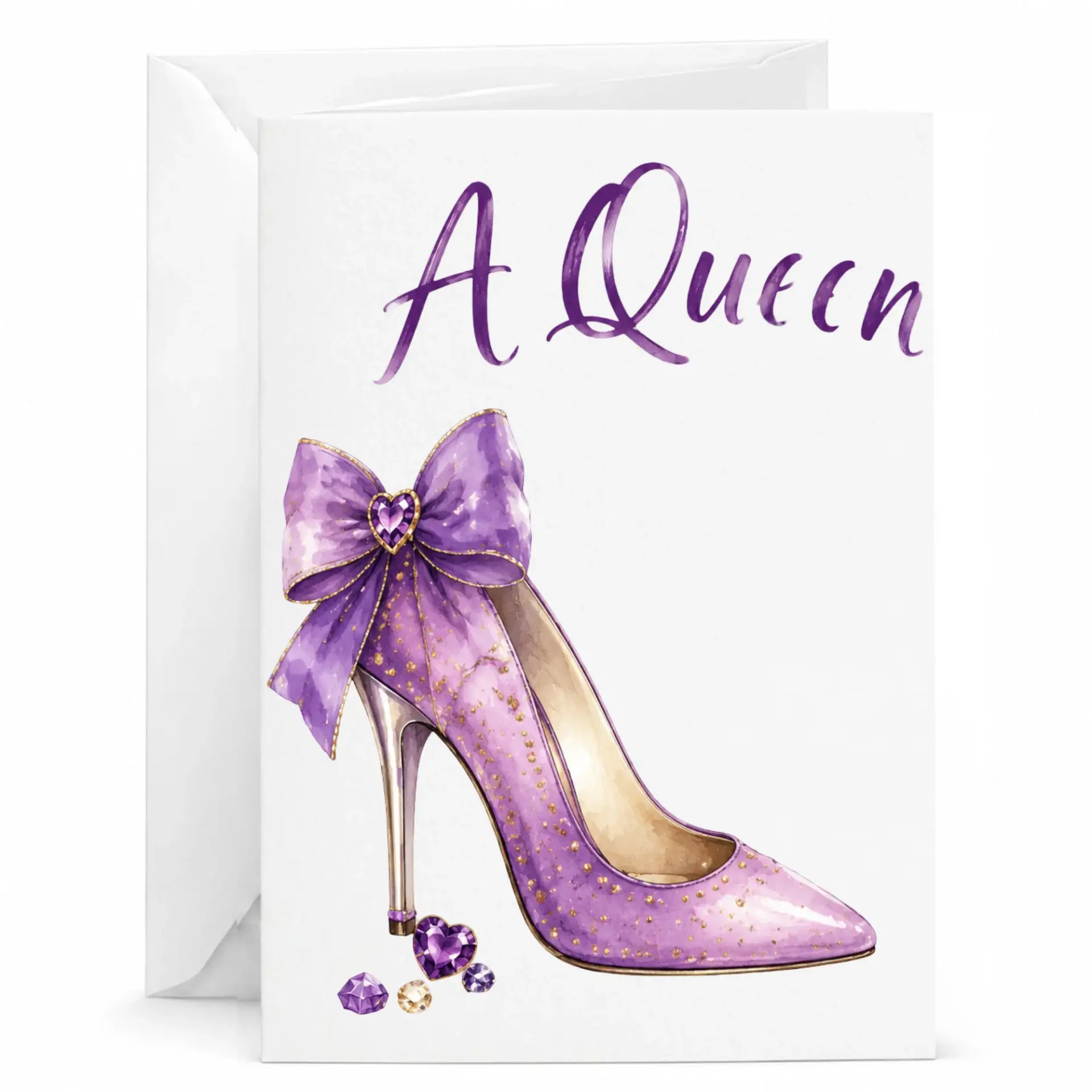 Greeting Card a Queen Elegant Purple High Heel Shoe Illustration with Bow and Gemstone Accents for Special Celebrations
