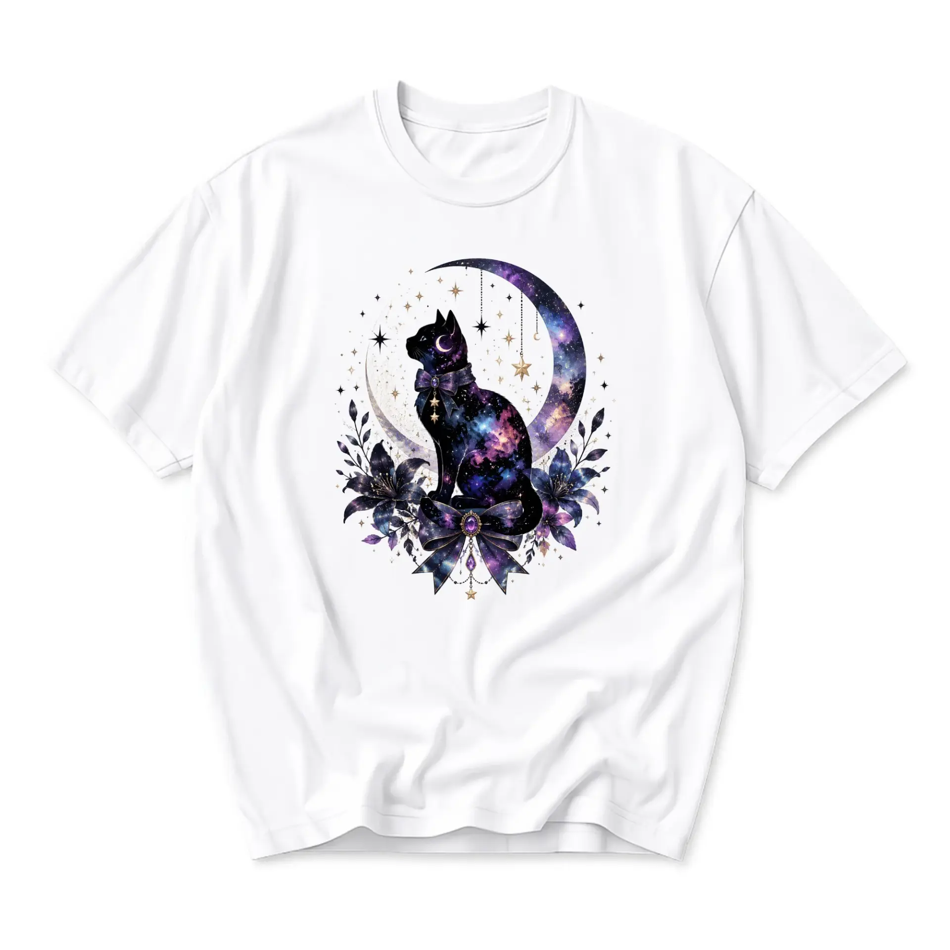 Graphic Tee Celestial Cat Moon Shirt Aesthetic Space Kitten Print Artistic Short Sleeve Casual Cotton Blend Top