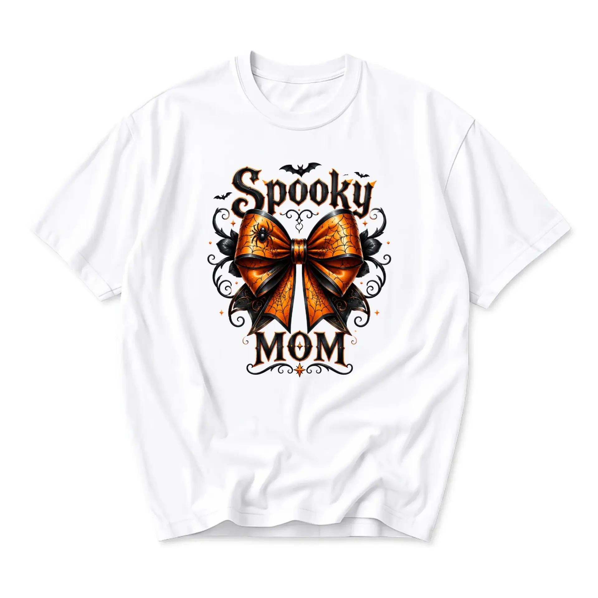 Graphic Tee Spooky Mom Orange Bow Design Unisex Crew Neck Shirt for Fall Casual Wear and Holiday Seasonal Style