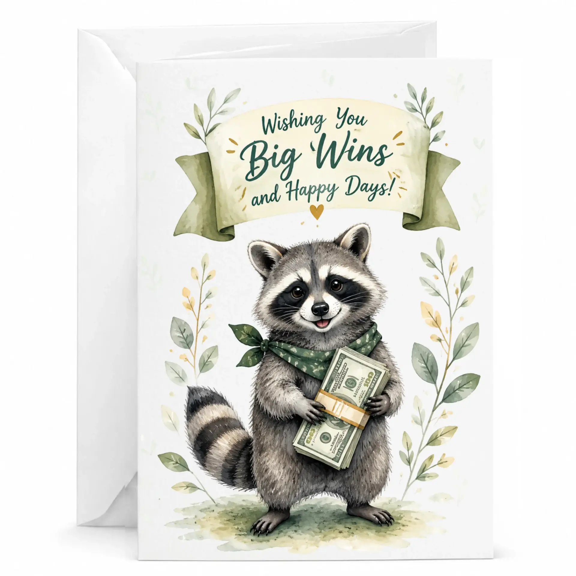 Greeting Card Wishing You Big Wins and Cute Raccoon Illustration with Bundle Design for Any