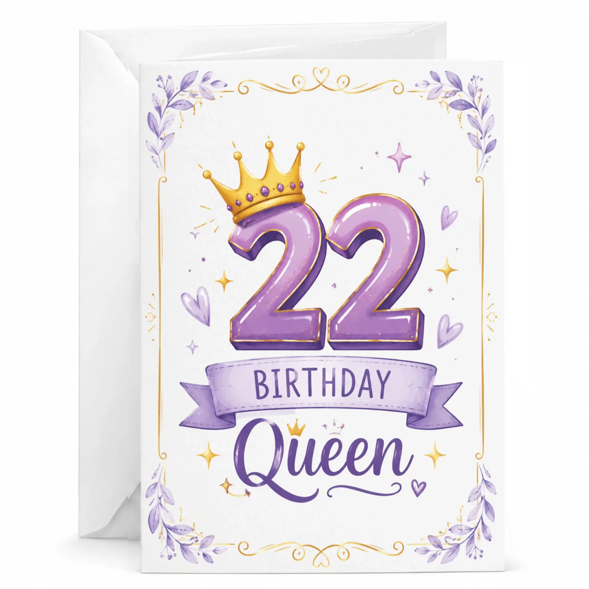 Birthday Card for 22nd Birthday, Purple and Gold Queen Theme Greeting Card for Her, 5x7 Folded Note with Envelope
