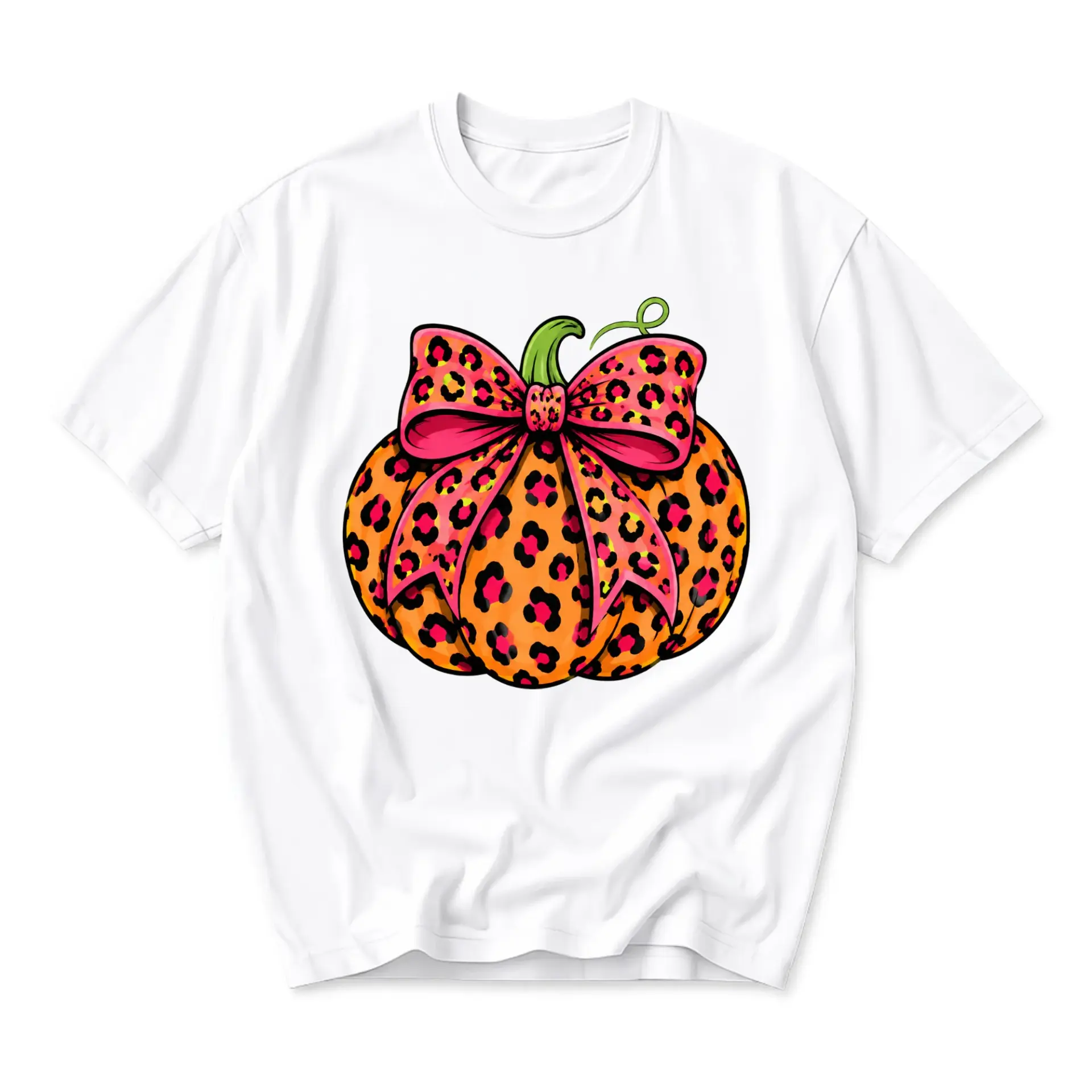 Graphic Tee Pumpkin with Leopard Print Bow Fall Seasonal Casual Unisex Crew Neck Comfortable Short Sleeve Shirt