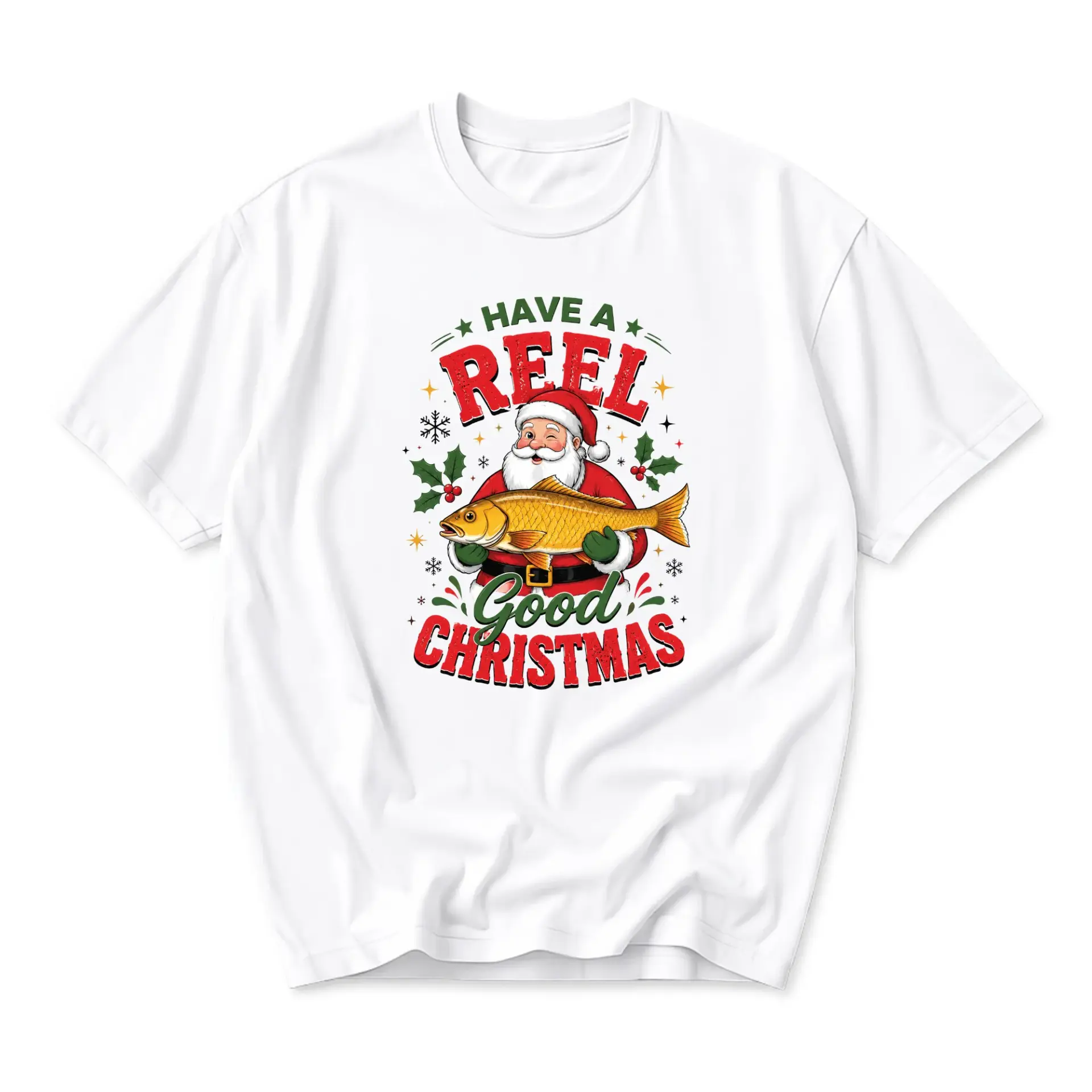 Funny Shirt Have a Reel Good Christmas Fishing Santa Graphic Tee Holiday Casual Short Sleeve Cotton Crew Neck Top