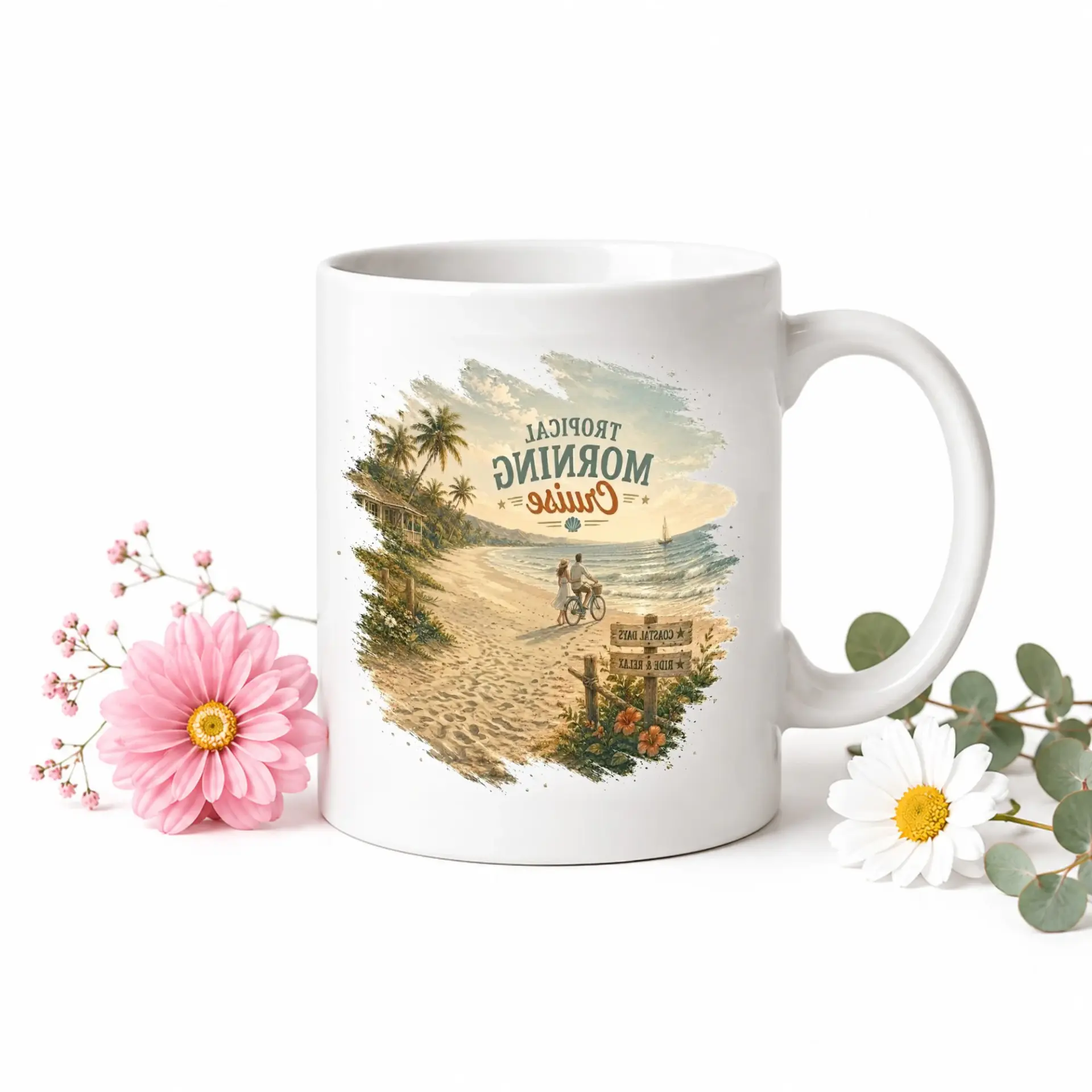 Tropical Beach Ceramic Mug Coffee Cup Featuring Relaxing Ocean View Artwork with
