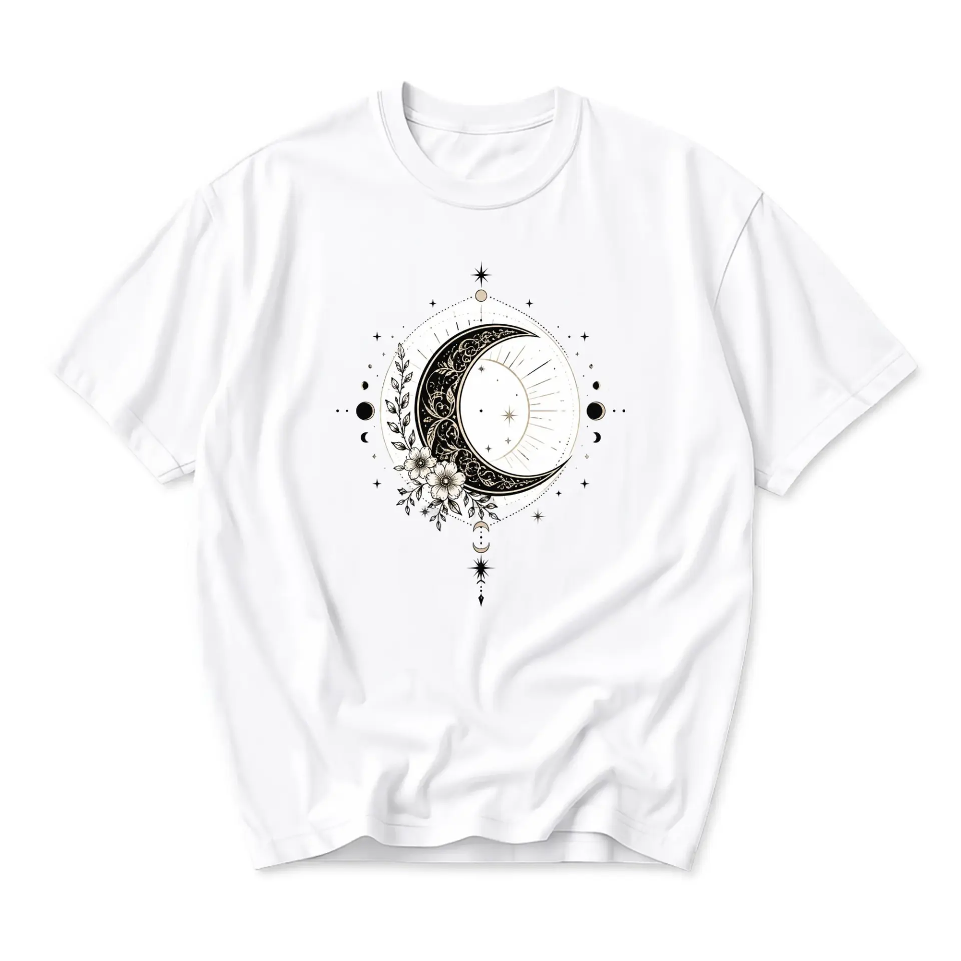 Graphic Tee Celestial Floral Moon Art Print Unisex Crew Neck Cotton Blend Comfortable Casual Short Sleeve Shirt