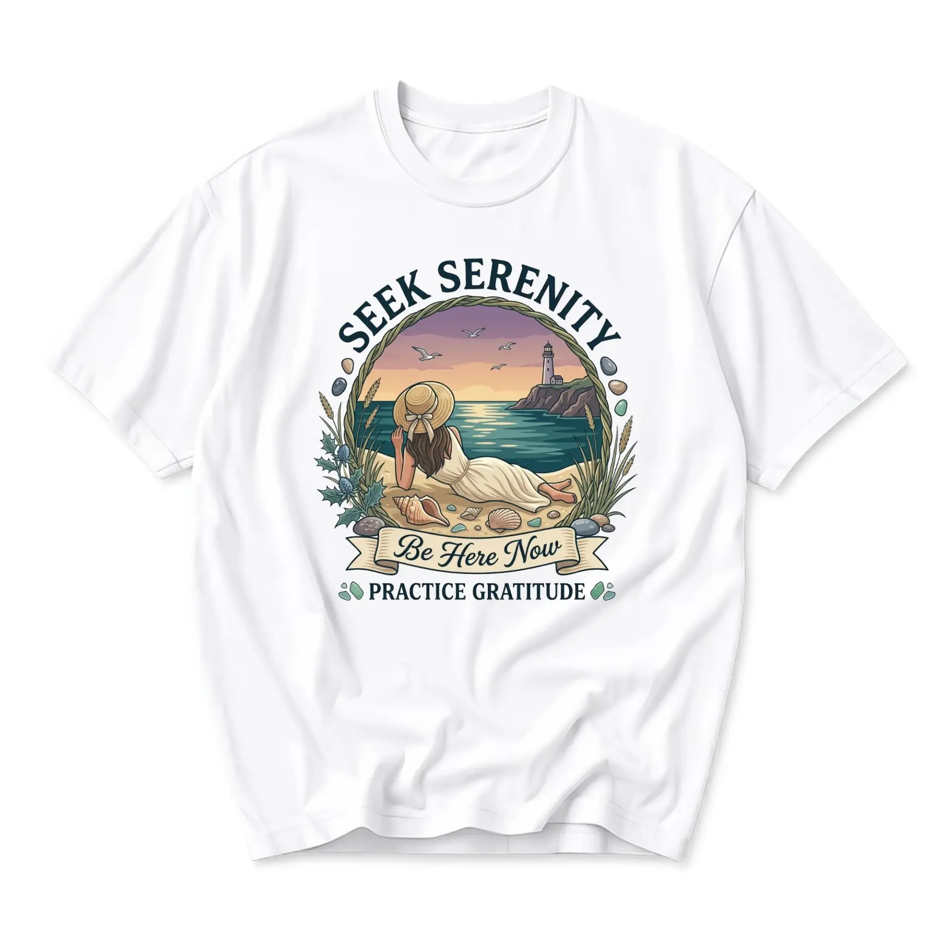 Graphic Tee Seek Serenity Be Here Now Practice Gratitude Unisex Cotton Shirt Aesthetic Ocean Beach Lighthouse Apparel