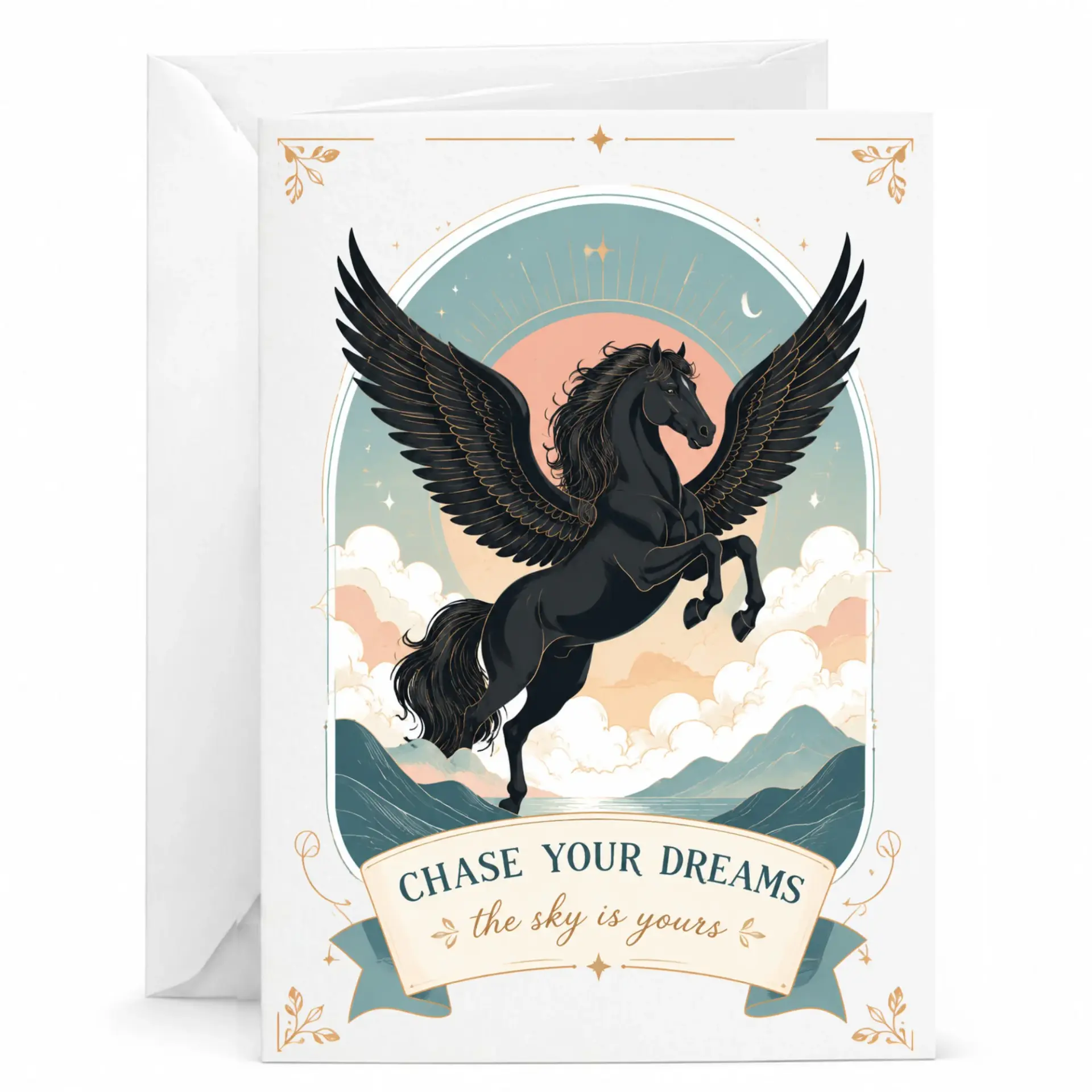 Inspirational Greeting Card Featuring a Majestic Winged Horse Pegasus Illustration with Chase Your Dreams Message