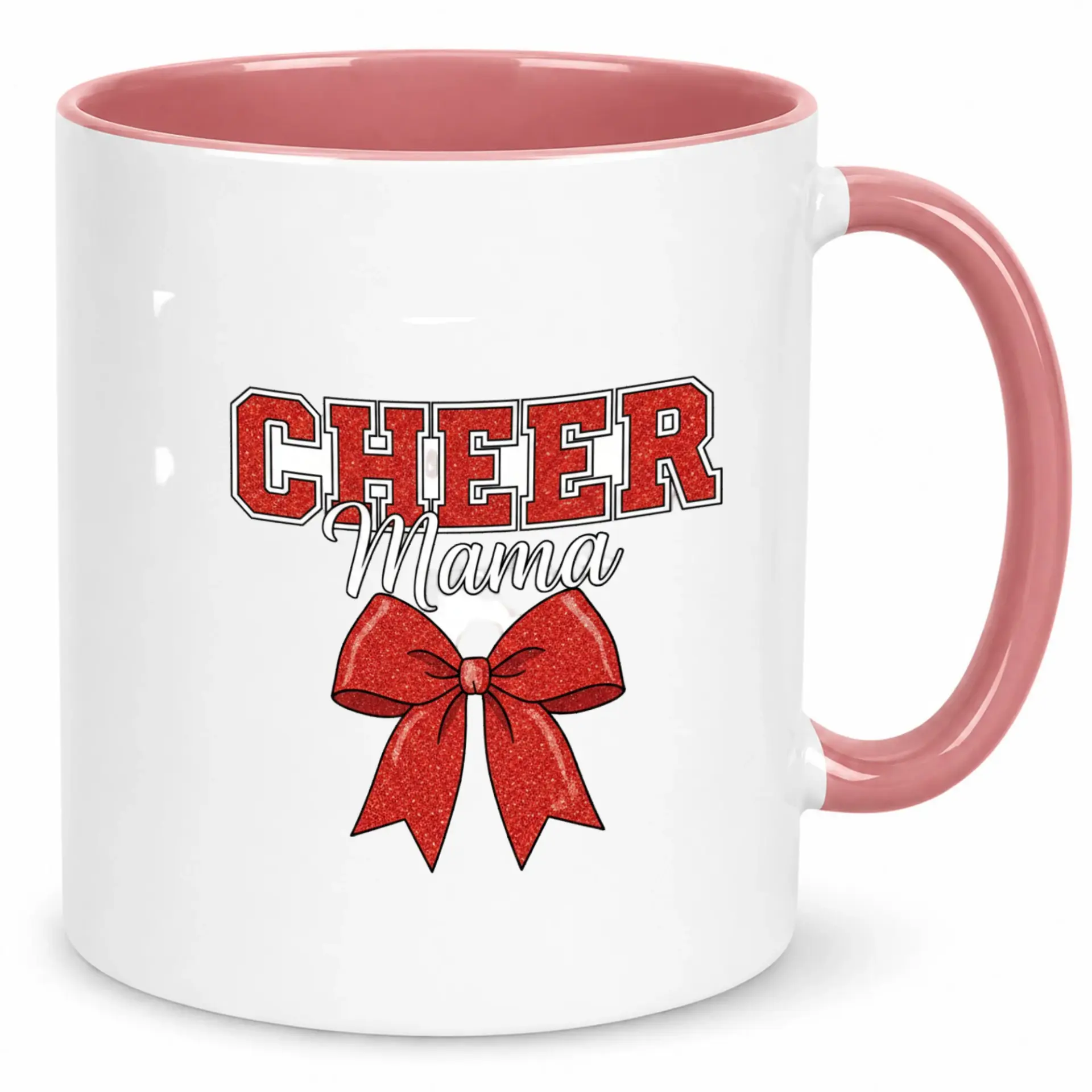 Cheer Mama Ceramic Coffee Mug with Glitter Red Bow Design 11 Oz Premium White Pink Interior and Handle Dishwasher Microwave Safe Gift for Moms