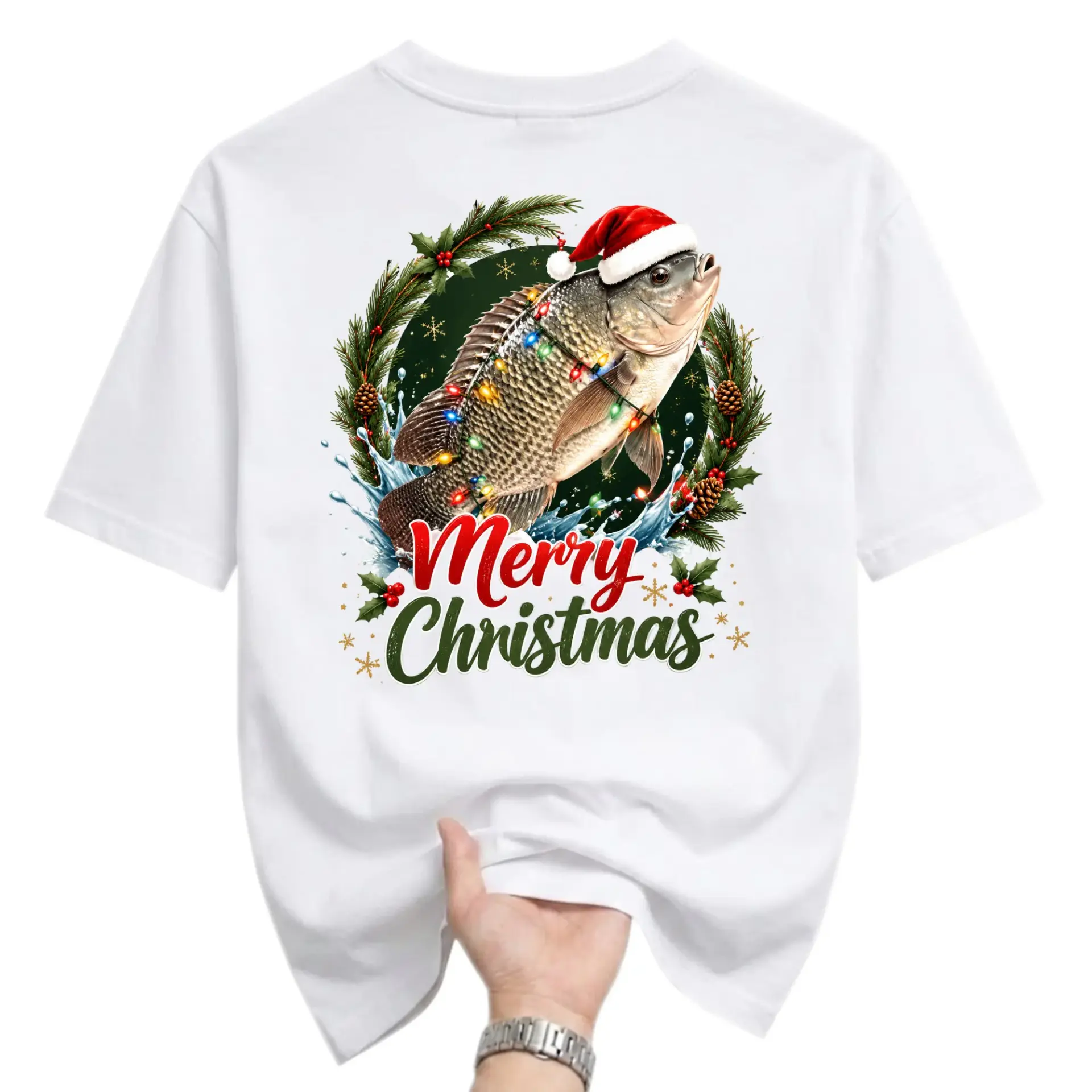 Funny Shirt Merry Christmas Fish Graphic Tee Holiday Unisex Crew Neck Casual Wear Cotton Blend Top for Fishing Lovers